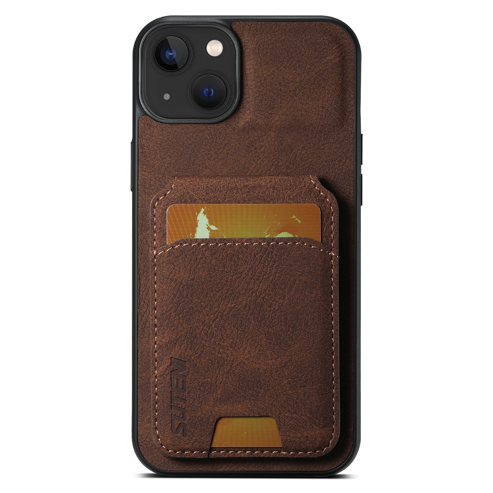 SUTENI H02 For iPhone 15 Case Scratch-resistant PU Leather+TPU Litchi Texture Phone Cover with Kickstand - Brown