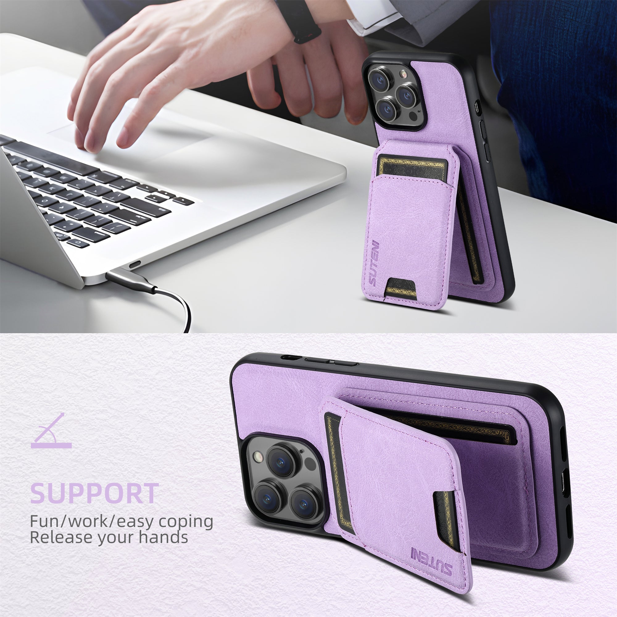 SUTENI H02 For iPhone 11 Pro PU Leather Case Litchi Texture Anti-scratch Phone Cover - Purple