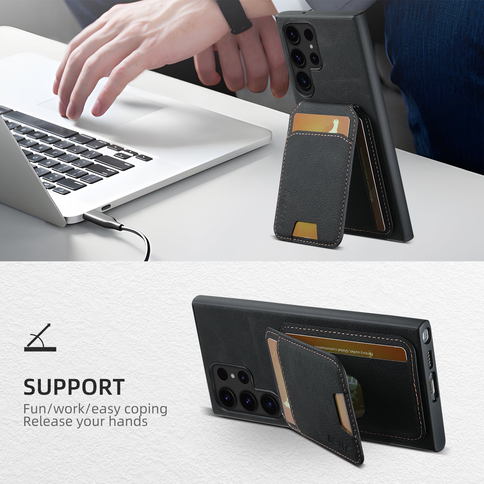 SUTENI H02 For Samsung Galaxy S23 Ultra Kickstand Case Card Slots Leather Back Cover - Black