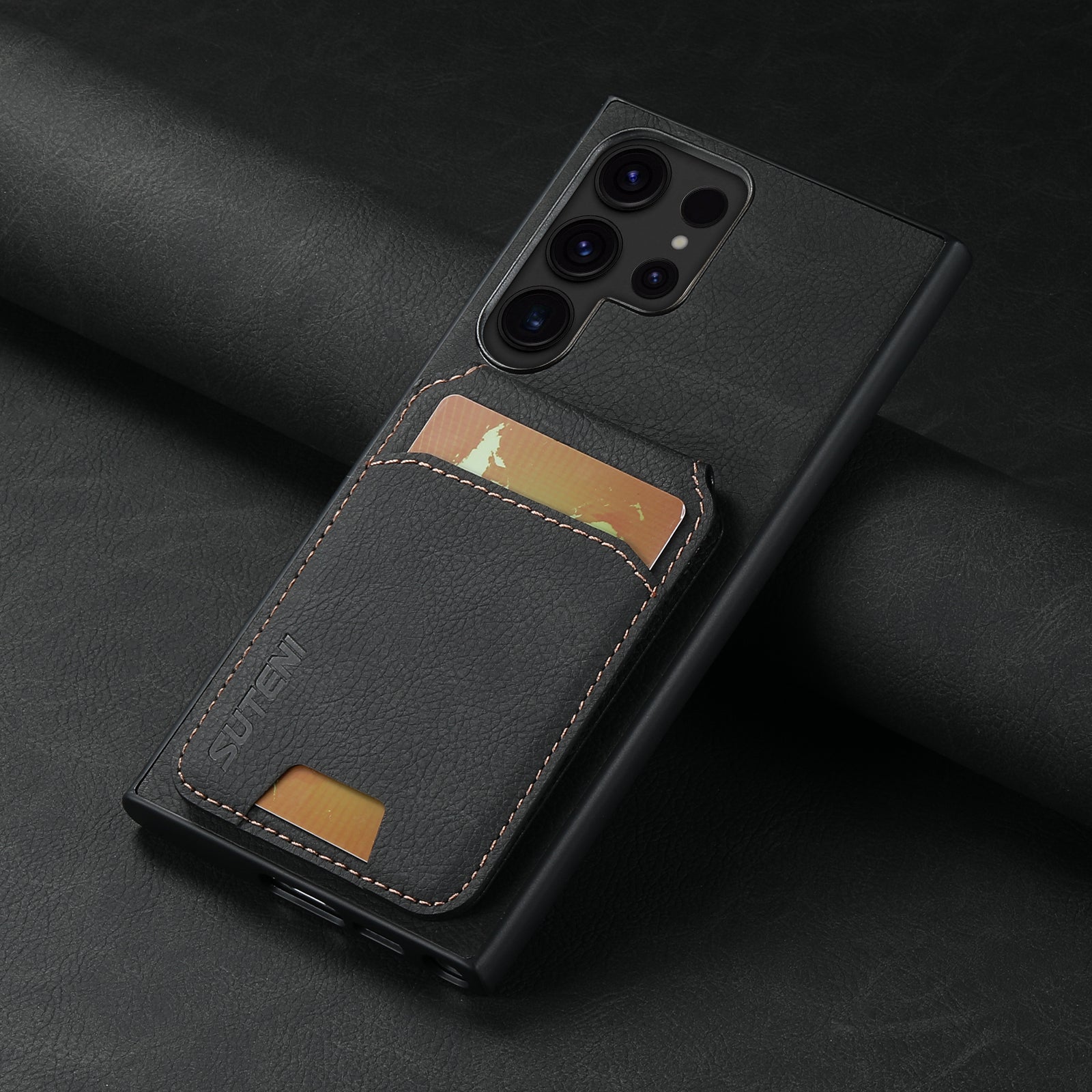 SUTENI H02 For Samsung Galaxy S23 Ultra Kickstand Case Card Slots Leather Back Cover - Black