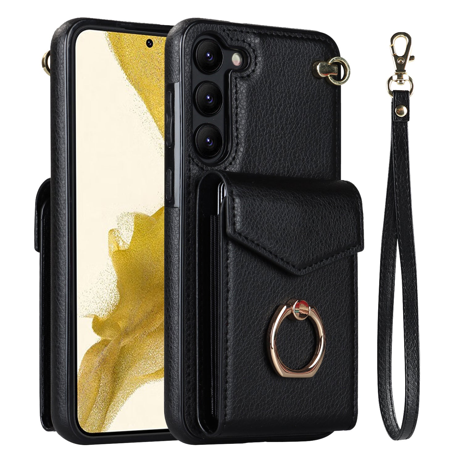 For Samsung Galaxy S23+ Cover Accordion Card Bag Anti-scratch PU Leather+TPU Cell Phone Case with Strap - Black