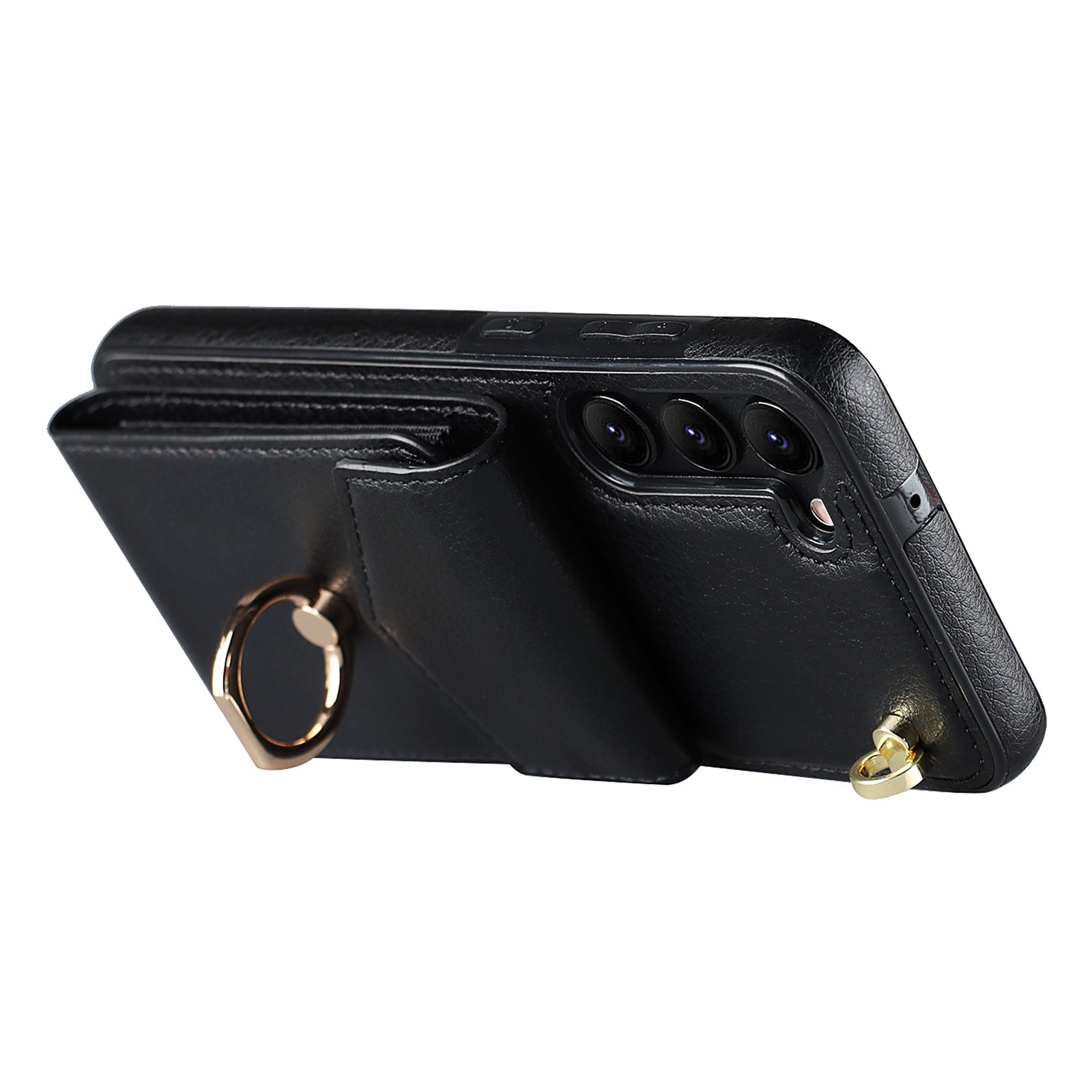 For Samsung Galaxy S23+ Cover Accordion Card Bag Anti-scratch PU Leather+TPU Cell Phone Case with Strap - Black