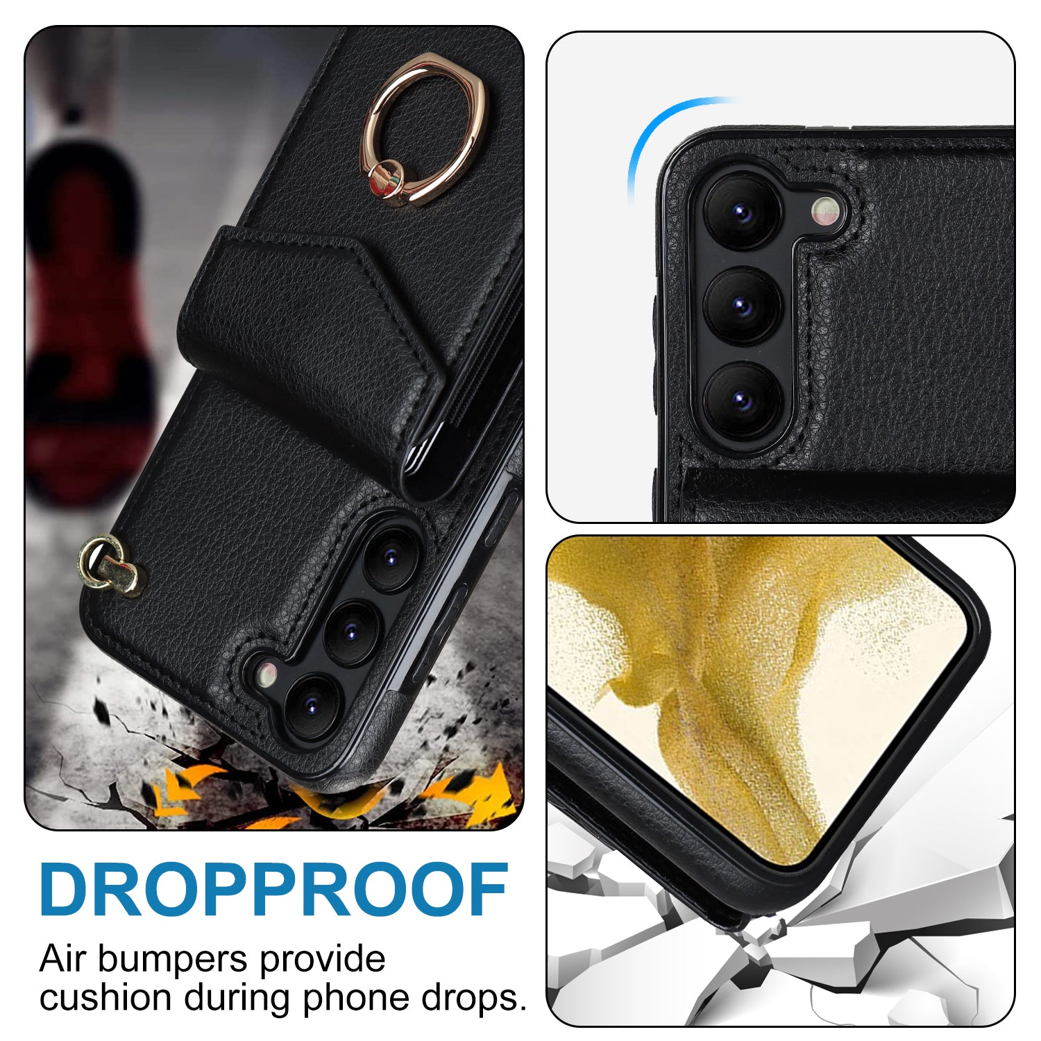 For Samsung Galaxy S23+ Cover Accordion Card Bag Anti-scratch PU Leather+TPU Cell Phone Case with Strap - Black