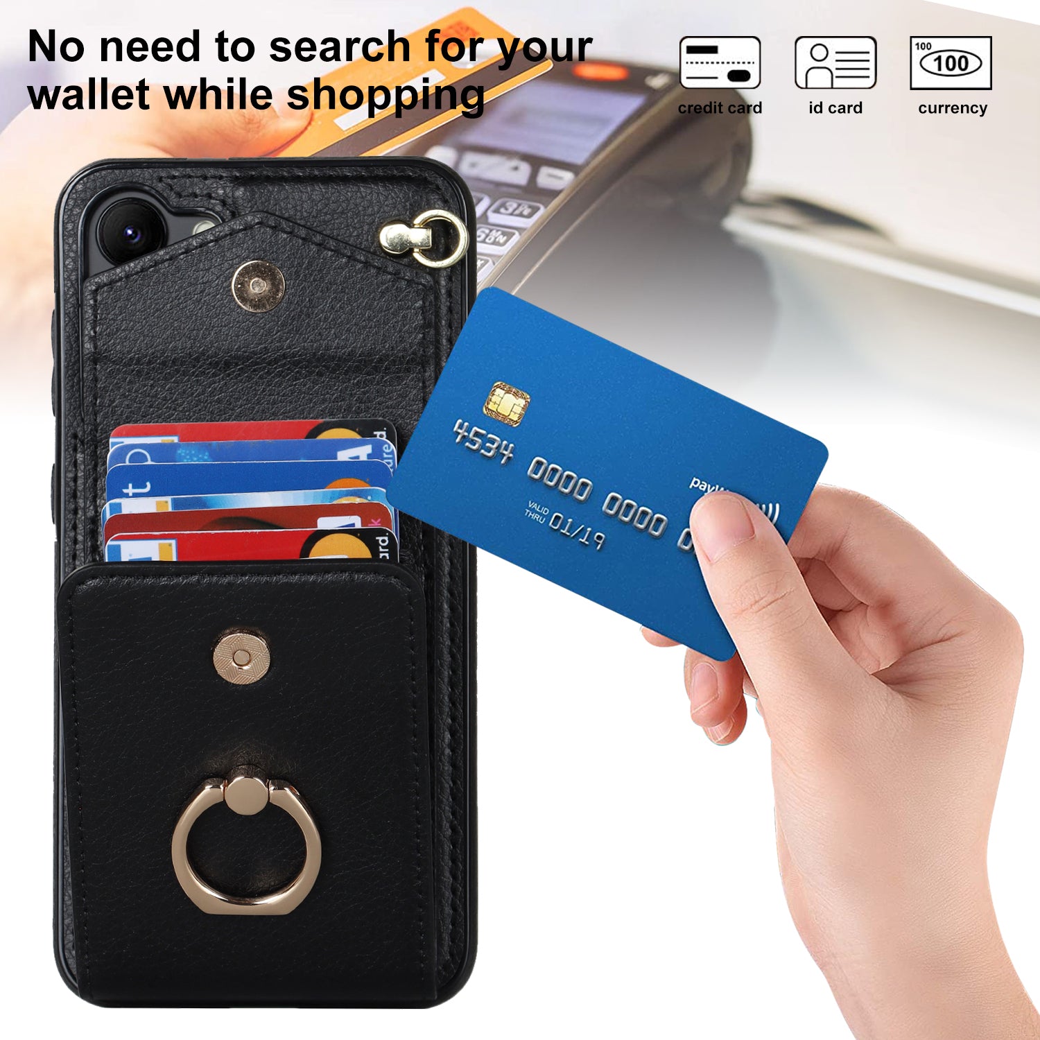 For Samsung Galaxy S23+ Cover Accordion Card Bag Anti-scratch PU Leather+TPU Cell Phone Case with Strap - Black