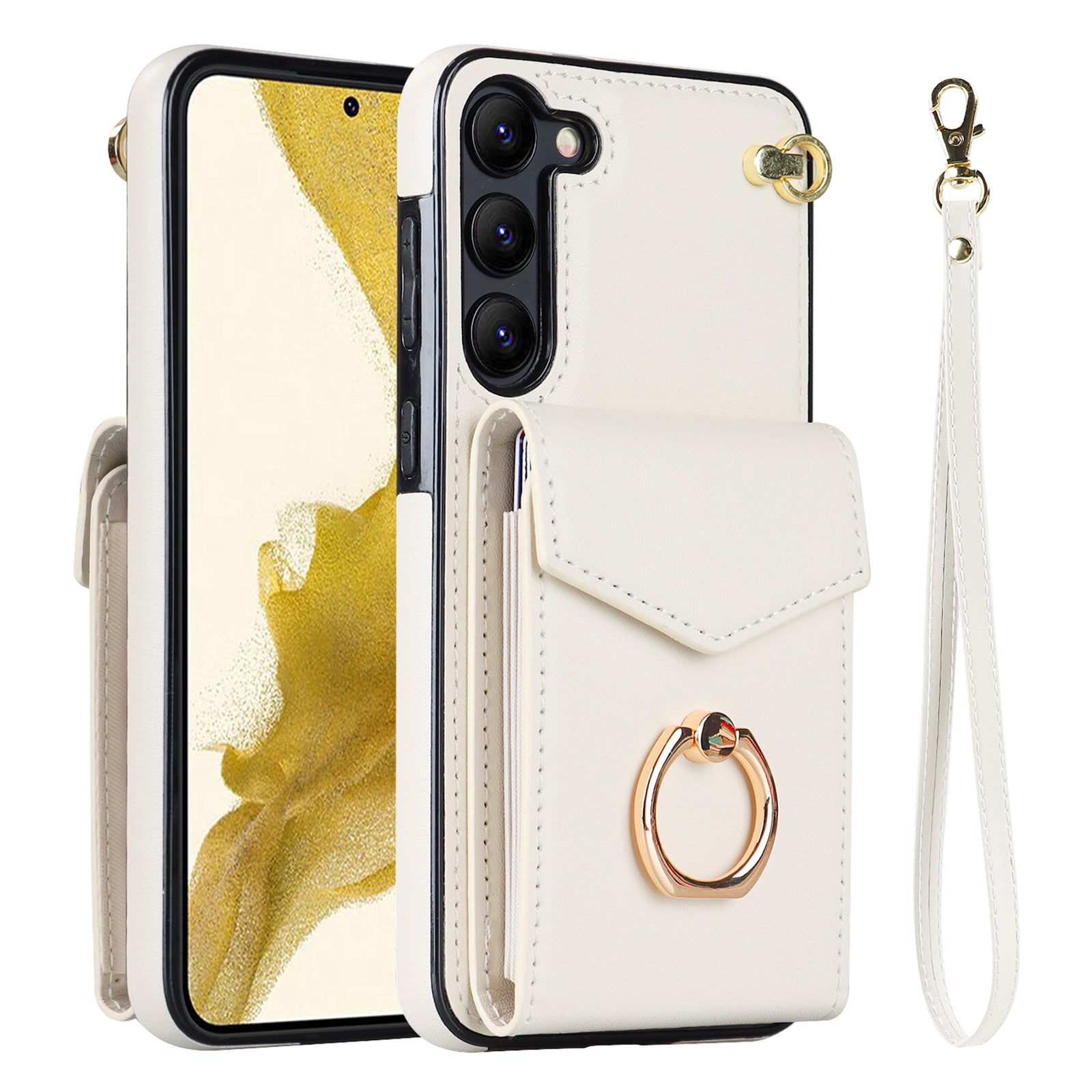 For Samsung Galaxy S23+ Cover Accordion Card Bag Anti-scratch PU Leather+TPU Cell Phone Case with Strap - Black