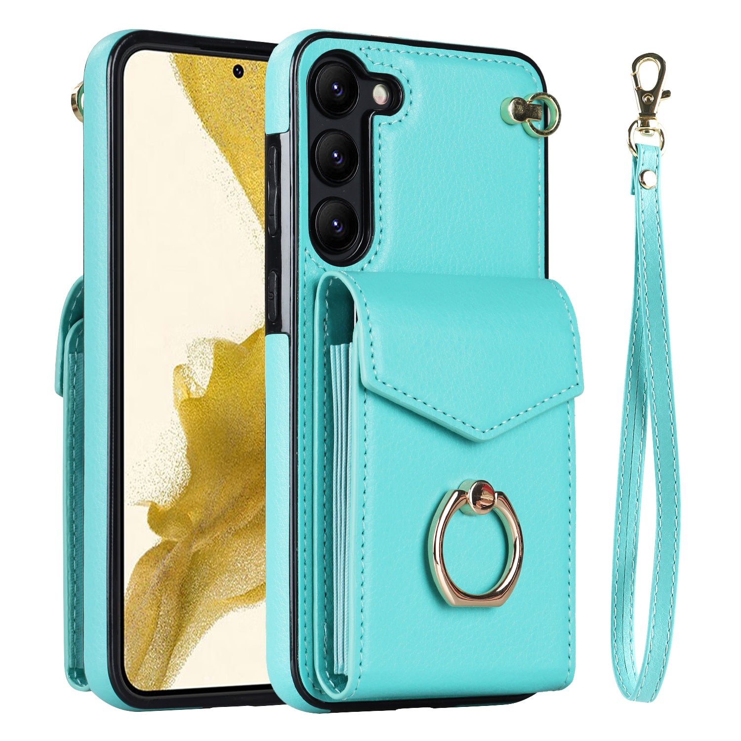 For Samsung Galaxy S23+ Cover Accordion Card Bag Anti-scratch PU Leather+TPU Cell Phone Case with Strap - Black
