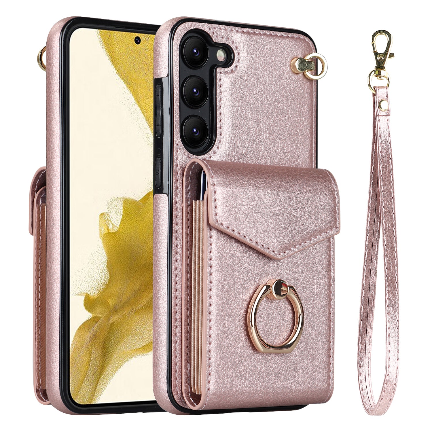 For Samsung Galaxy S23+ Cover Accordion Card Bag Anti-scratch PU Leather+TPU Cell Phone Case with Strap - Black