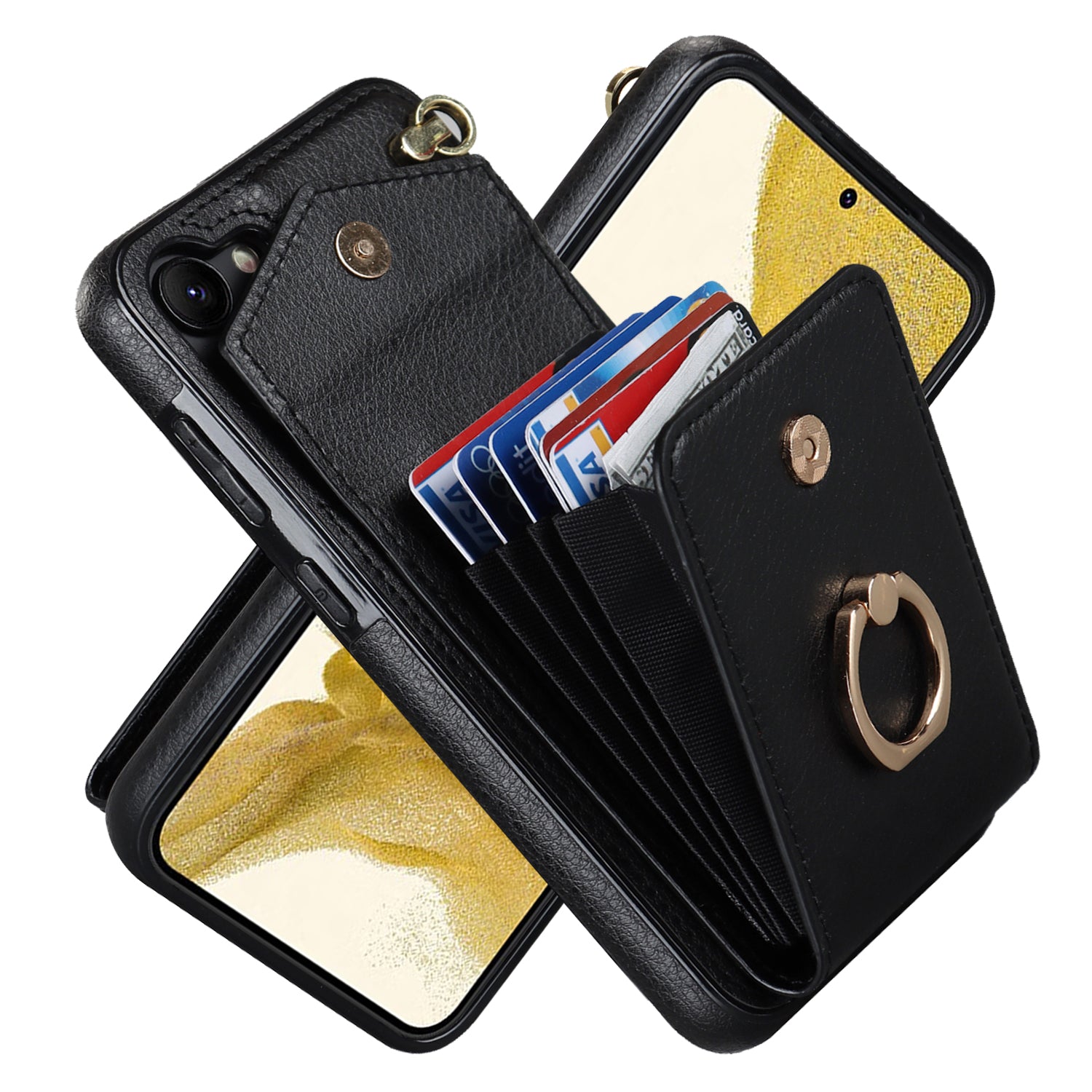 For Samsung Galaxy S23 Cover Ring Kickstand RFID Blocking Card Bag PU+TPU Cell Phone Case - Black