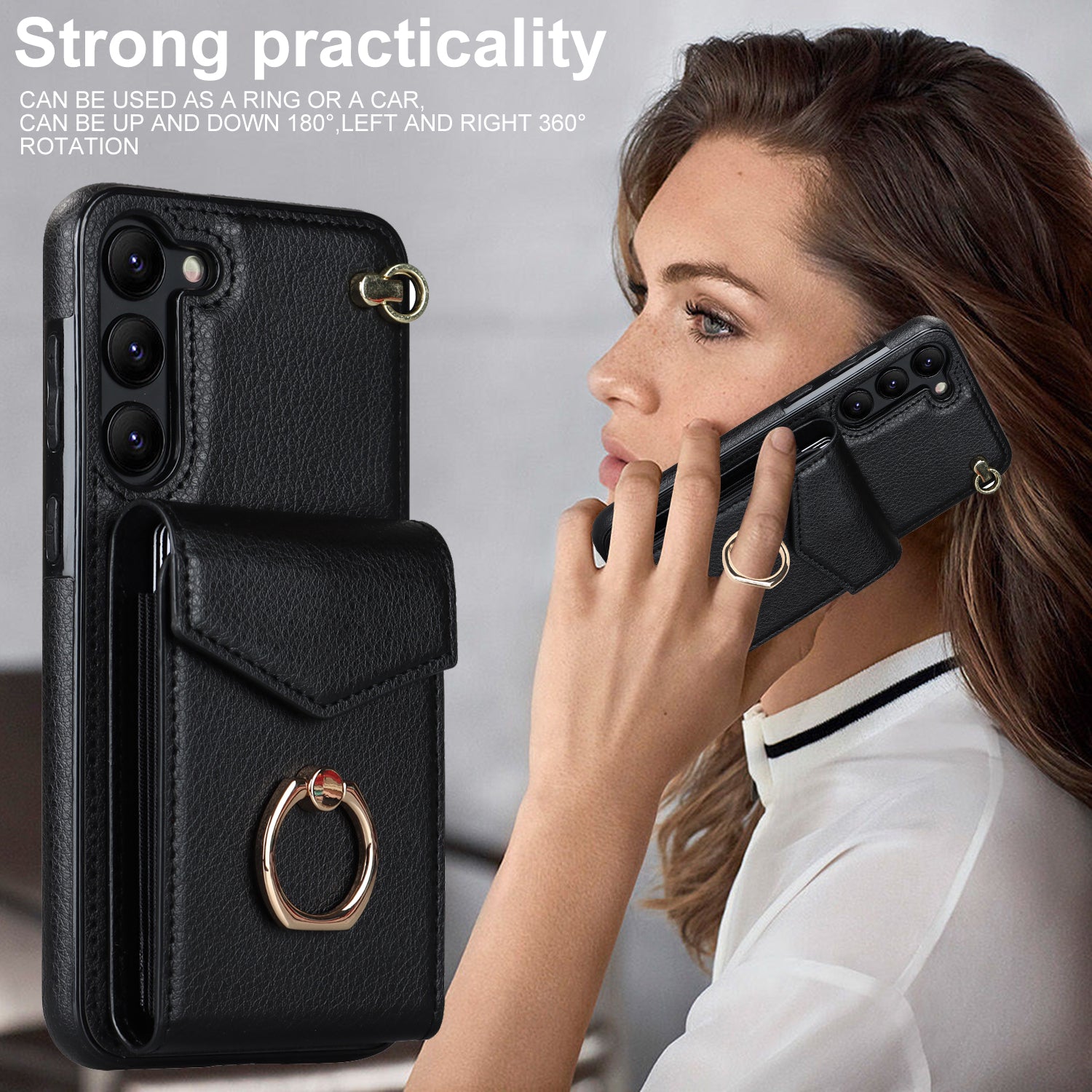 For Samsung Galaxy S23 Cover Ring Kickstand RFID Blocking Card Bag PU+TPU Cell Phone Case - Black