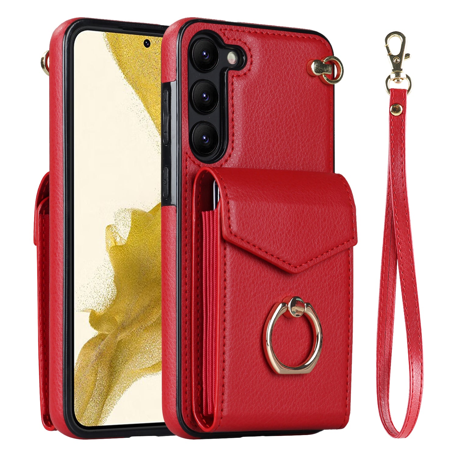For Samsung Galaxy S23 Cover Ring Kickstand RFID Blocking Card Bag PU+TPU Cell Phone Case - Black