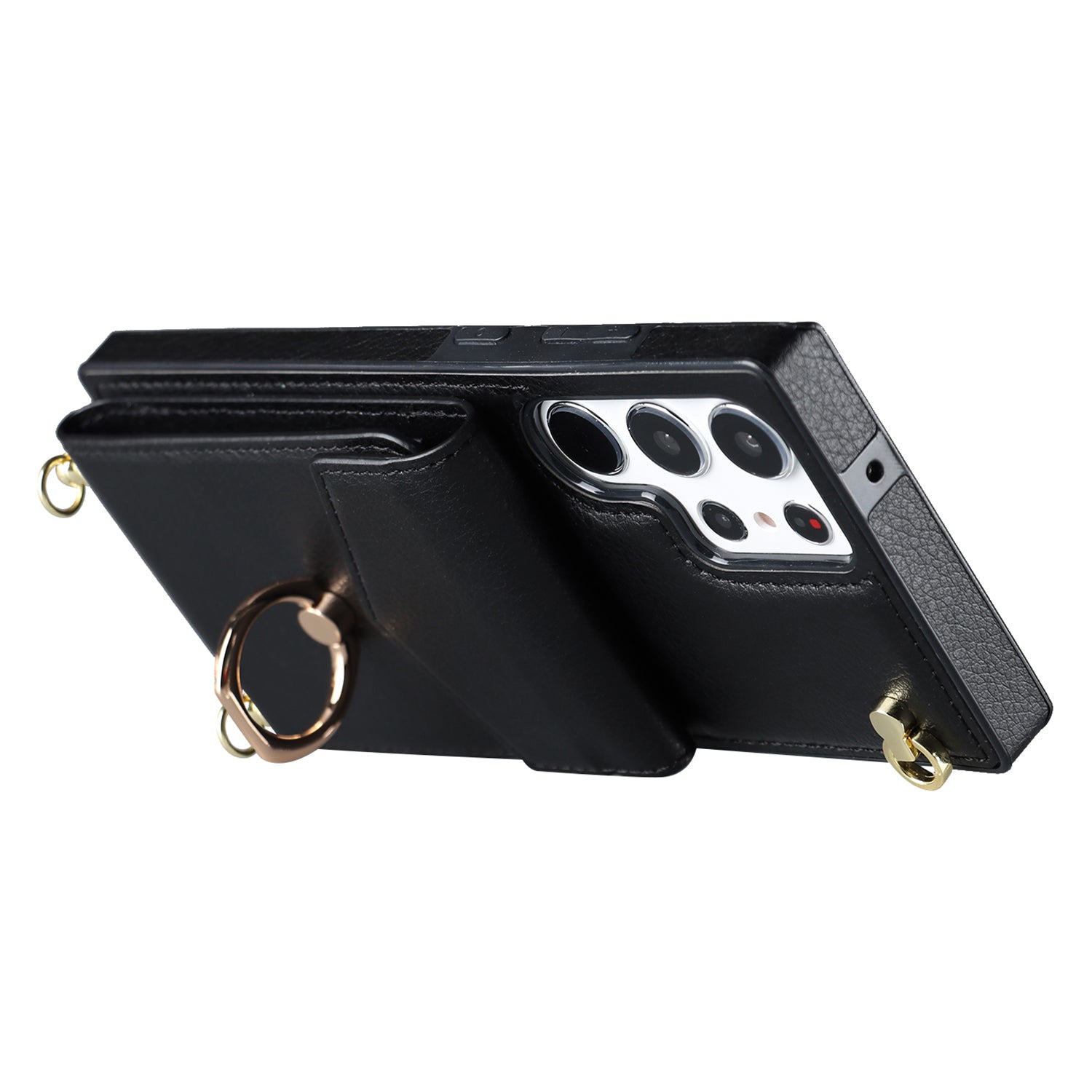 For Samsung Galaxy S22 Ultra 5G Phone Case Ring Kickstand Cover with 2 Straps - Black