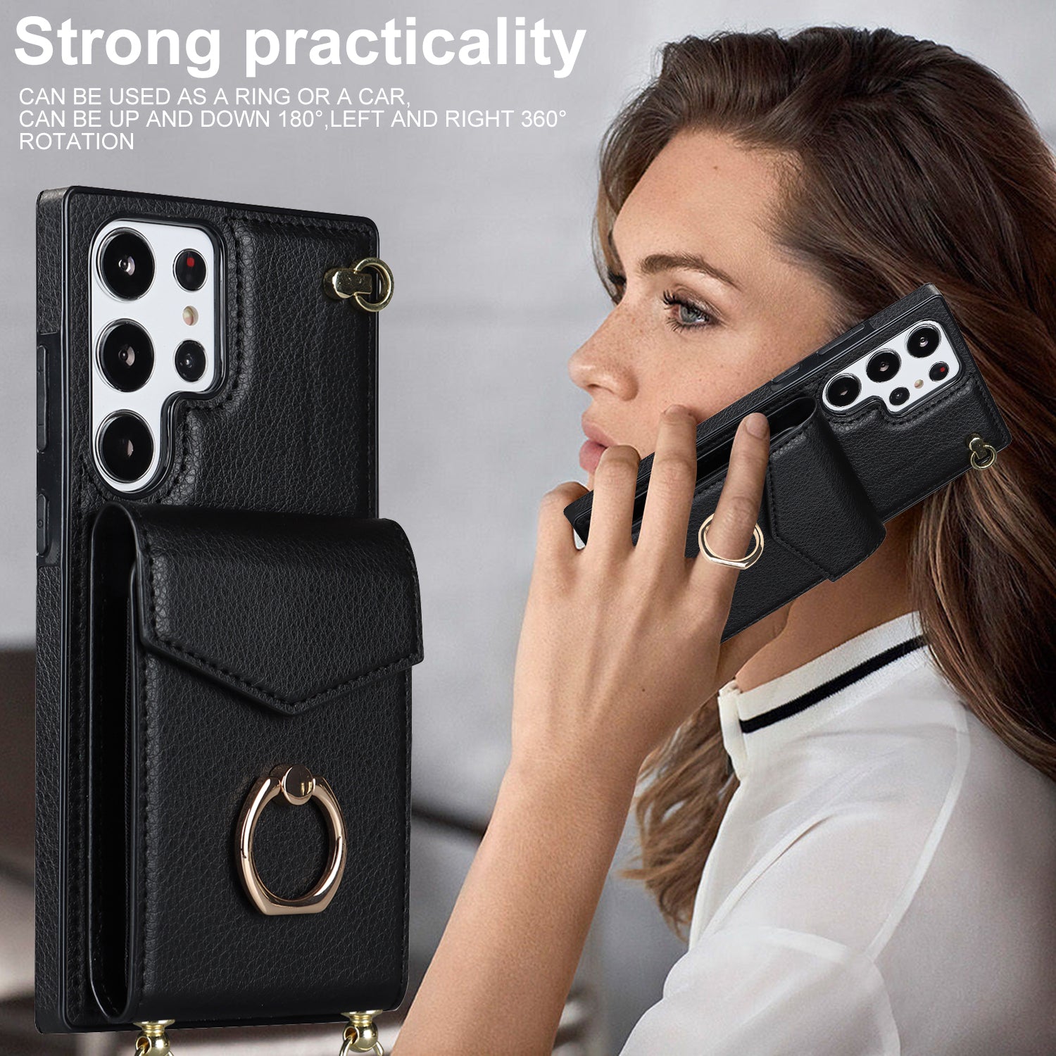 For Samsung Galaxy S22 Ultra 5G Phone Case Ring Kickstand Cover with 2 Straps - Black