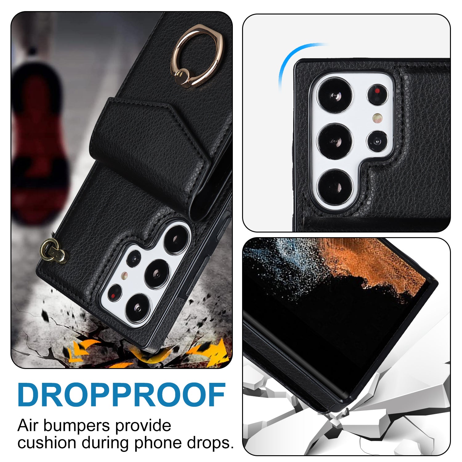 For Samsung Galaxy S22 Ultra 5G Phone Case Ring Kickstand Cover with 2 Straps - Black