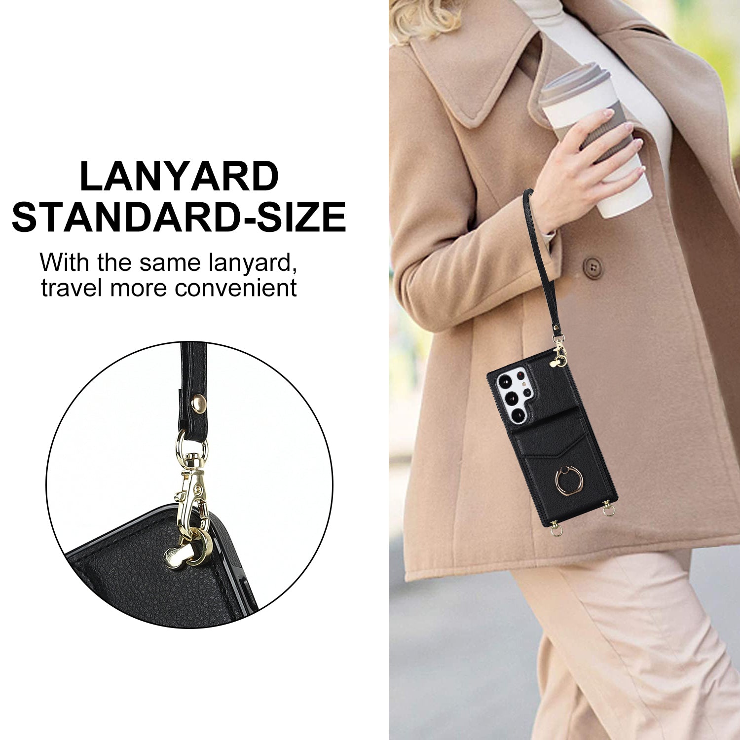 For Samsung Galaxy S22 Ultra 5G Phone Case Ring Kickstand Cover with 2 Straps - Black