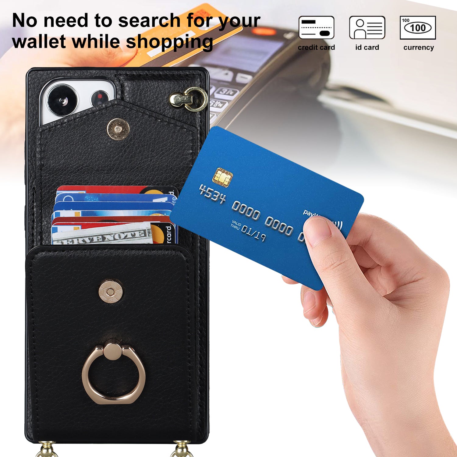 For Samsung Galaxy S22 Ultra 5G Phone Case Ring Kickstand Cover with 2 Straps - Black