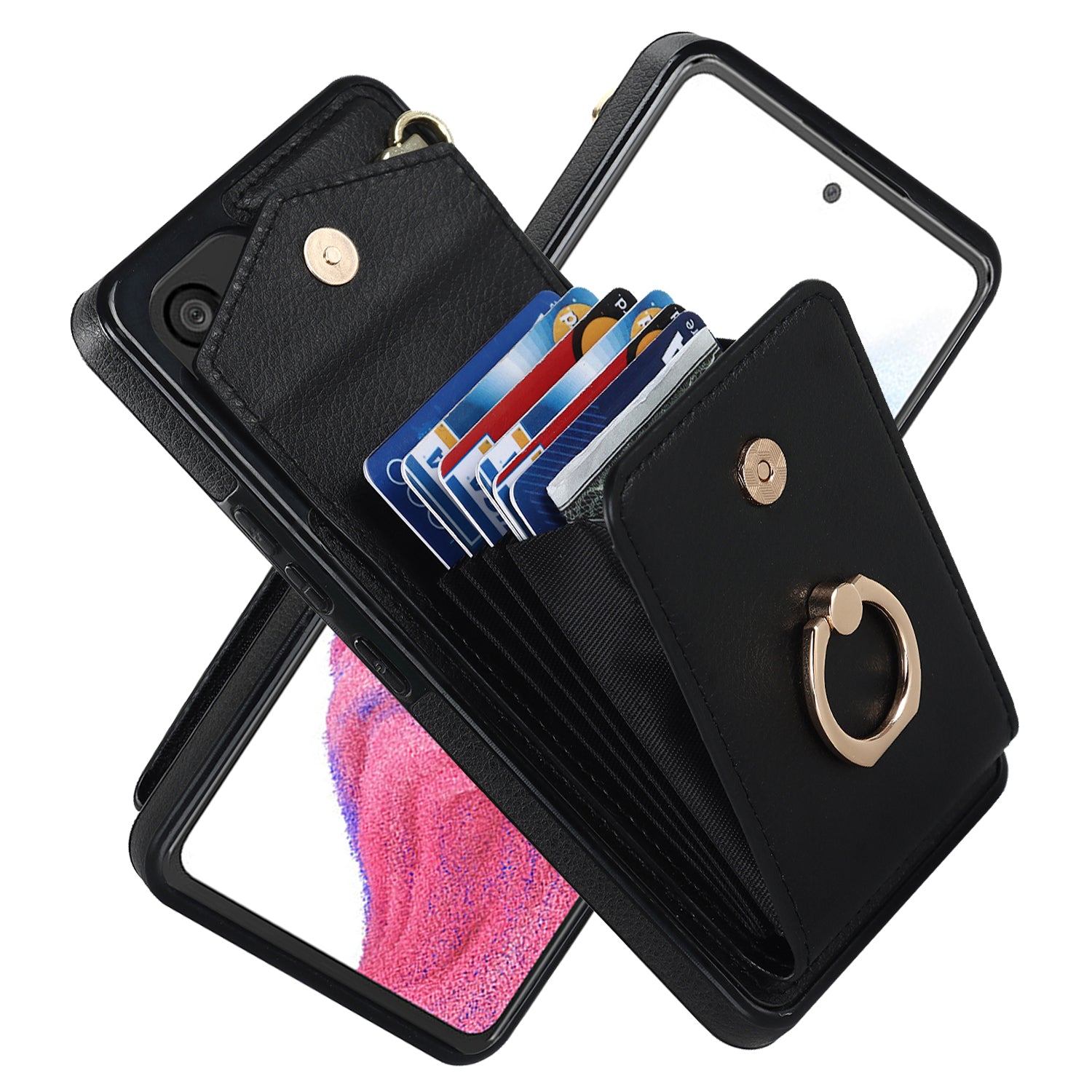For Samsung Galaxy M32 5G / A32 5G Cover Leather+TPU Accordion Card Bag Cell Phone Case with Kickstand - Black