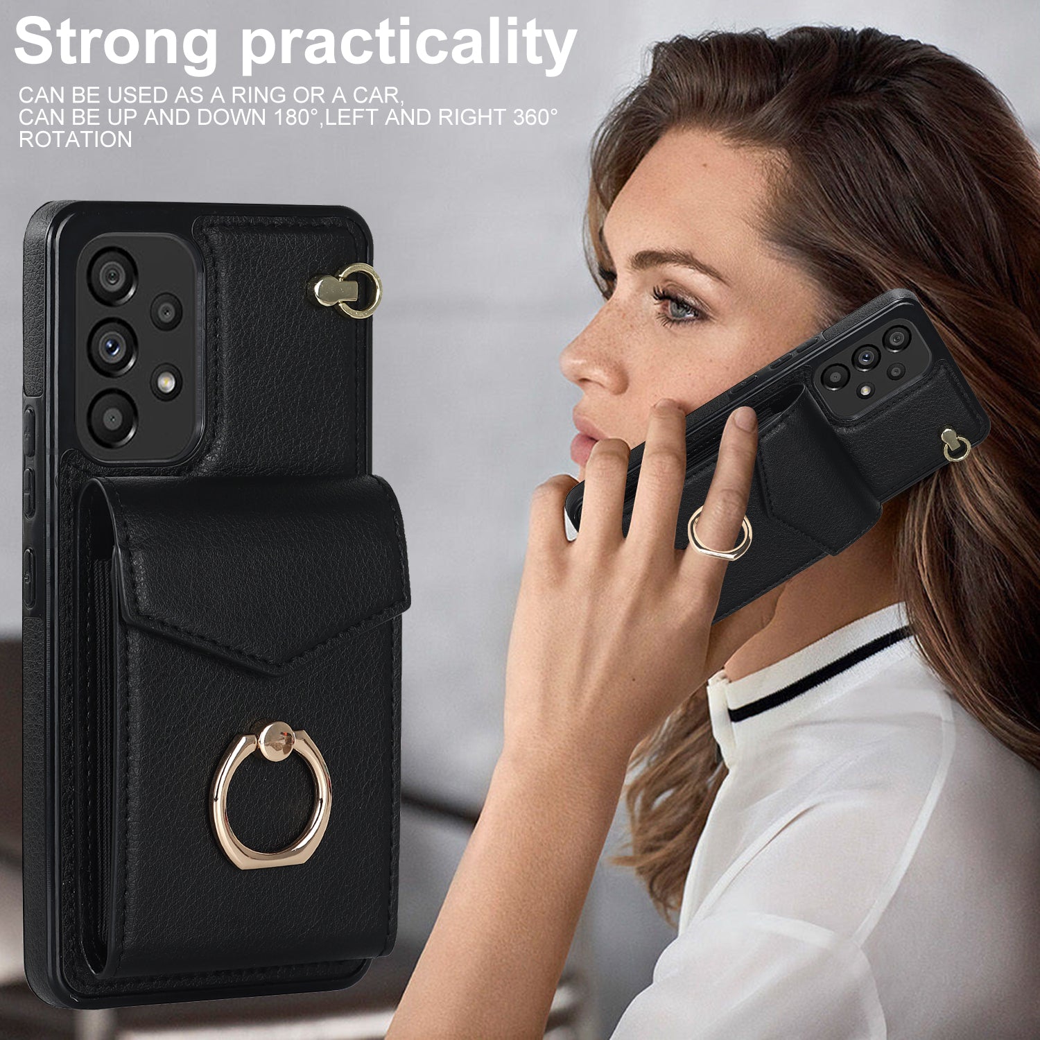 For Samsung Galaxy M32 5G / A32 5G Cover Leather+TPU Accordion Card Bag Cell Phone Case with Kickstand - Black