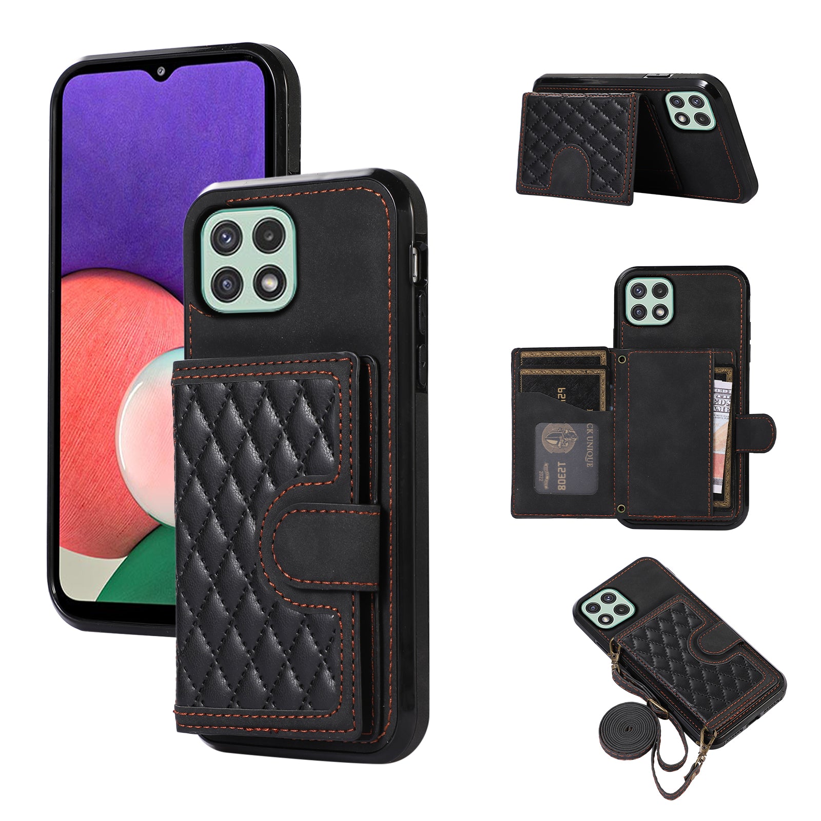 For Samsung Galaxy A22 5G (EU Version) Rhombus Grid Phone Case TPU+PU Leather Kickstand Shell - Black