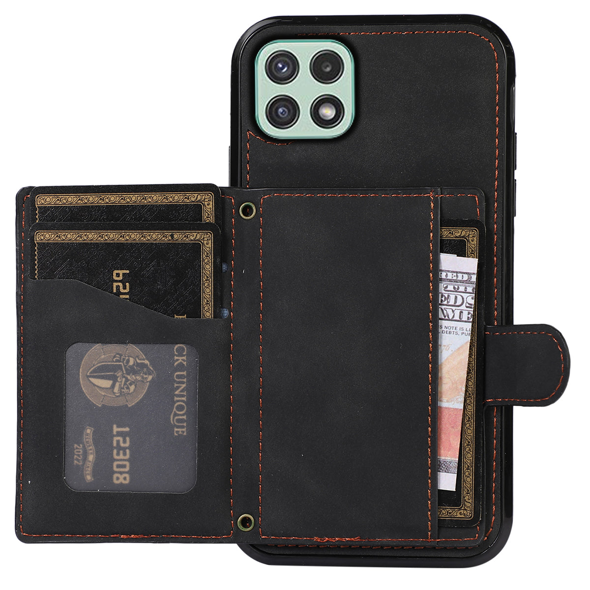 For Samsung Galaxy A22 5G (EU Version) Rhombus Grid Phone Case TPU+PU Leather Kickstand Shell - Black