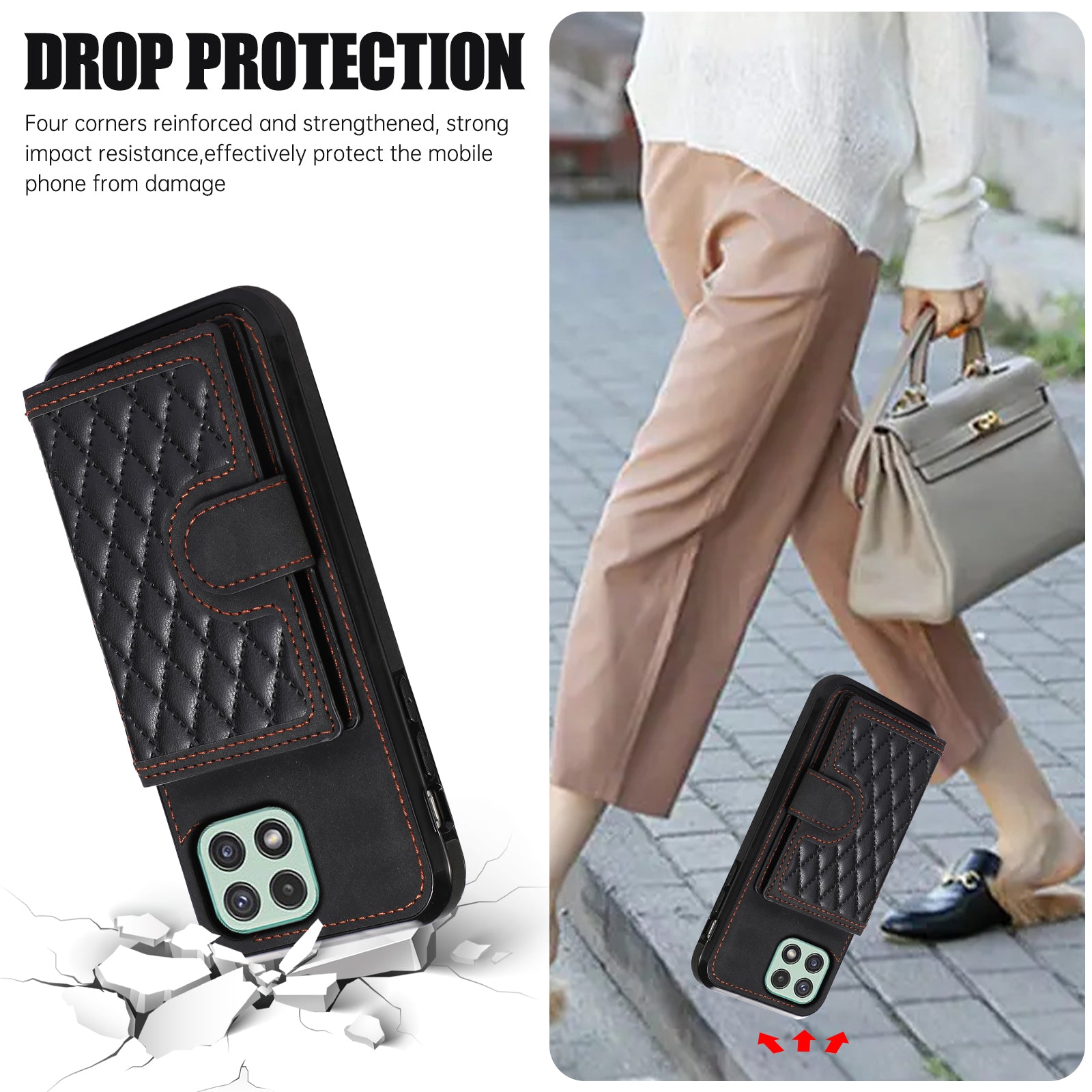 For Samsung Galaxy A22 5G (EU Version) Rhombus Grid Phone Case TPU+PU Leather Kickstand Shell - Black