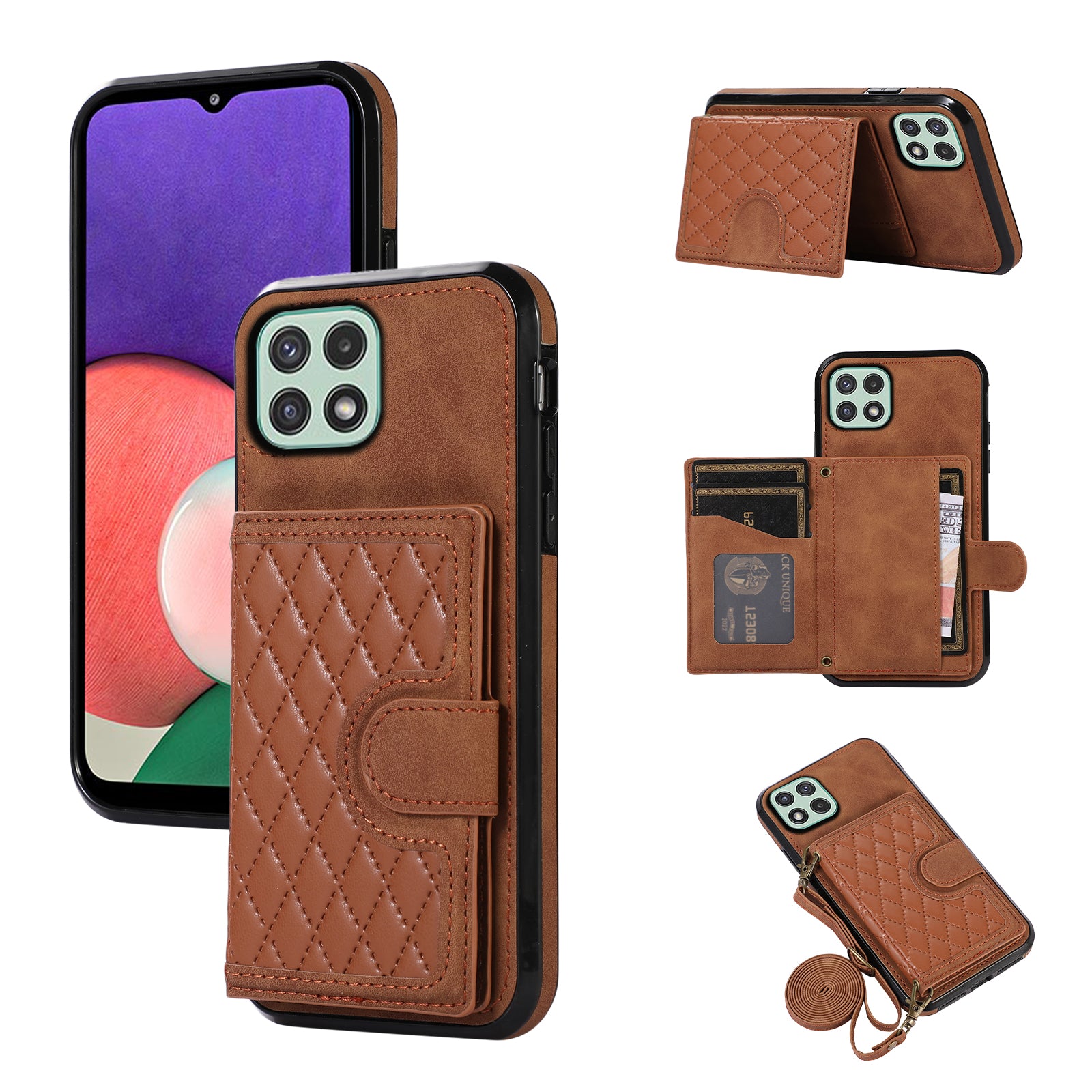 For Samsung Galaxy A22 5G (EU Version) Rhombus Grid Phone Case TPU+PU Leather Kickstand Shell - Black
