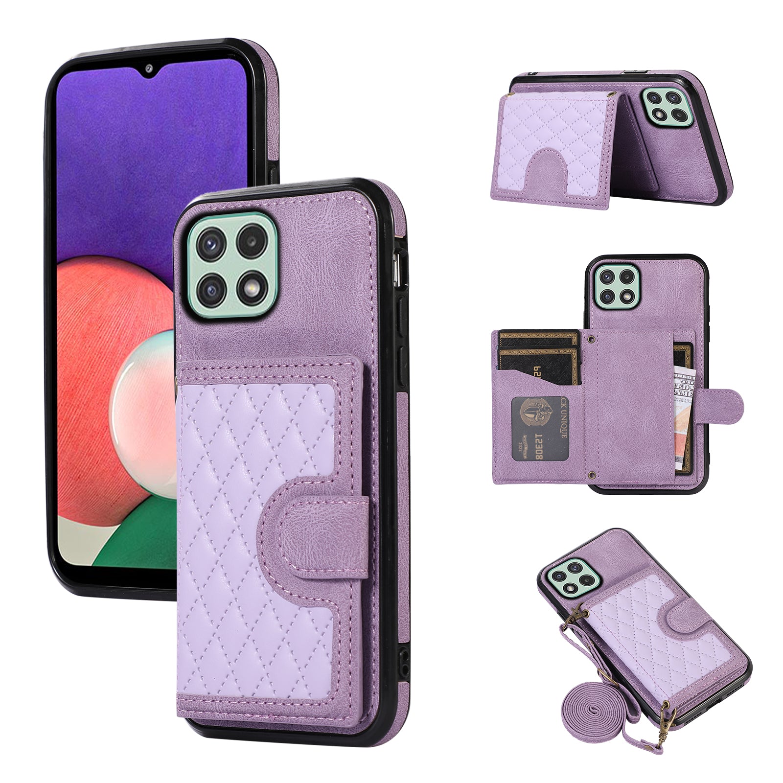 For Samsung Galaxy A22 5G (EU Version) Rhombus Grid Phone Case TPU+PU Leather Kickstand Shell - Black