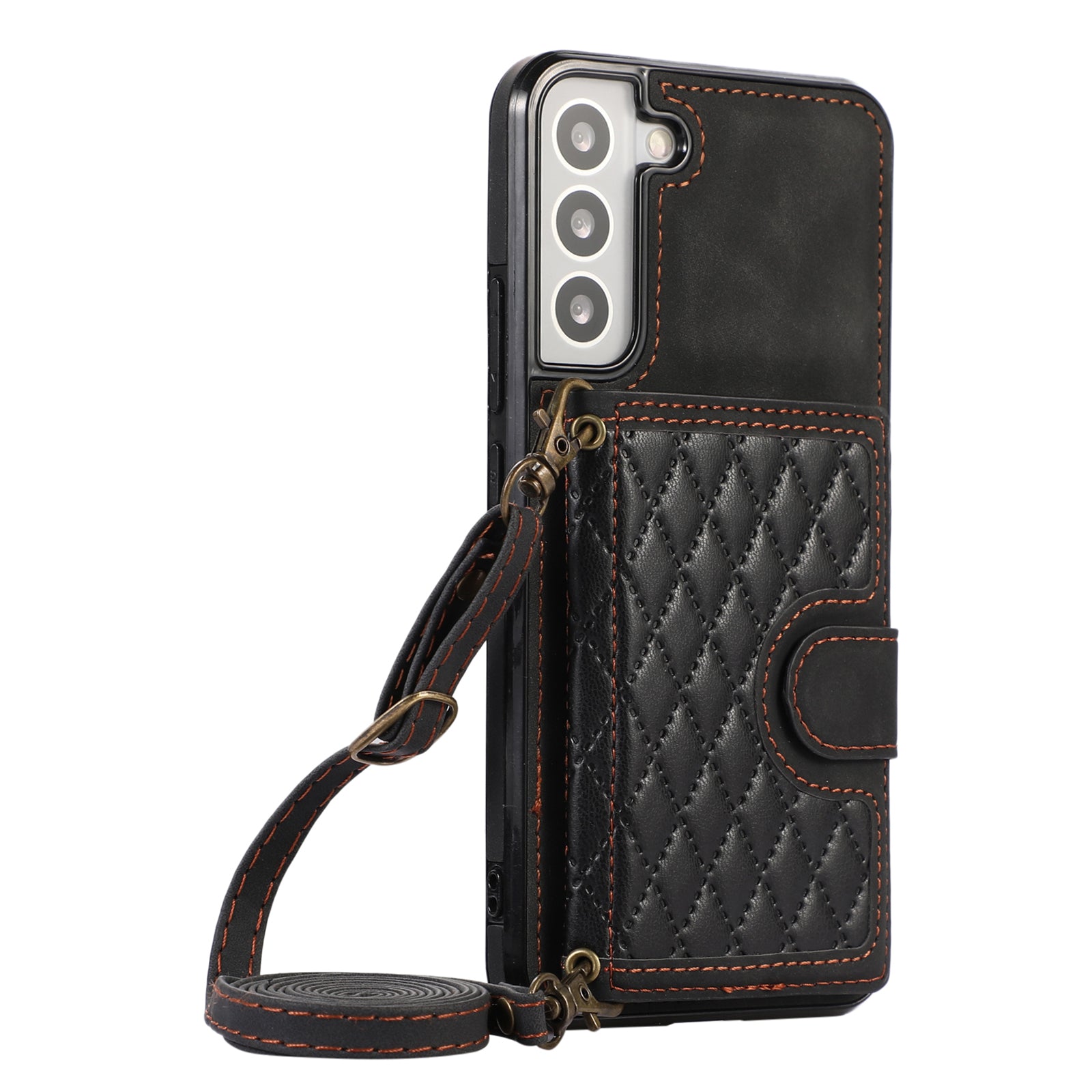 For Samsung Galaxy S21 FE 5G Kickstand Phone Case TPU+PU Leather Shoulder Phone Bag - Black