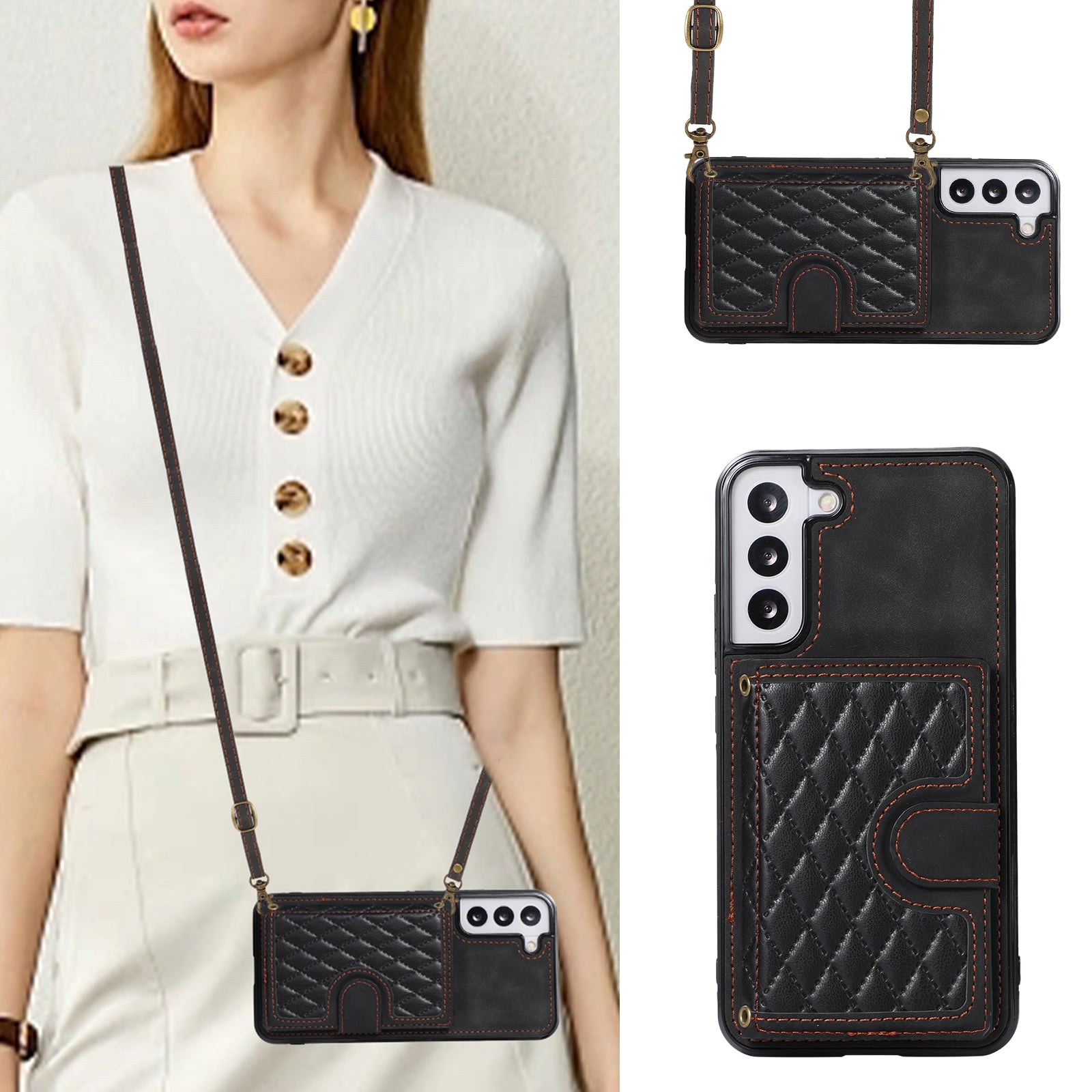 For Samsung Galaxy S21 FE 5G Kickstand Phone Case TPU+PU Leather Shoulder Phone Bag - Black