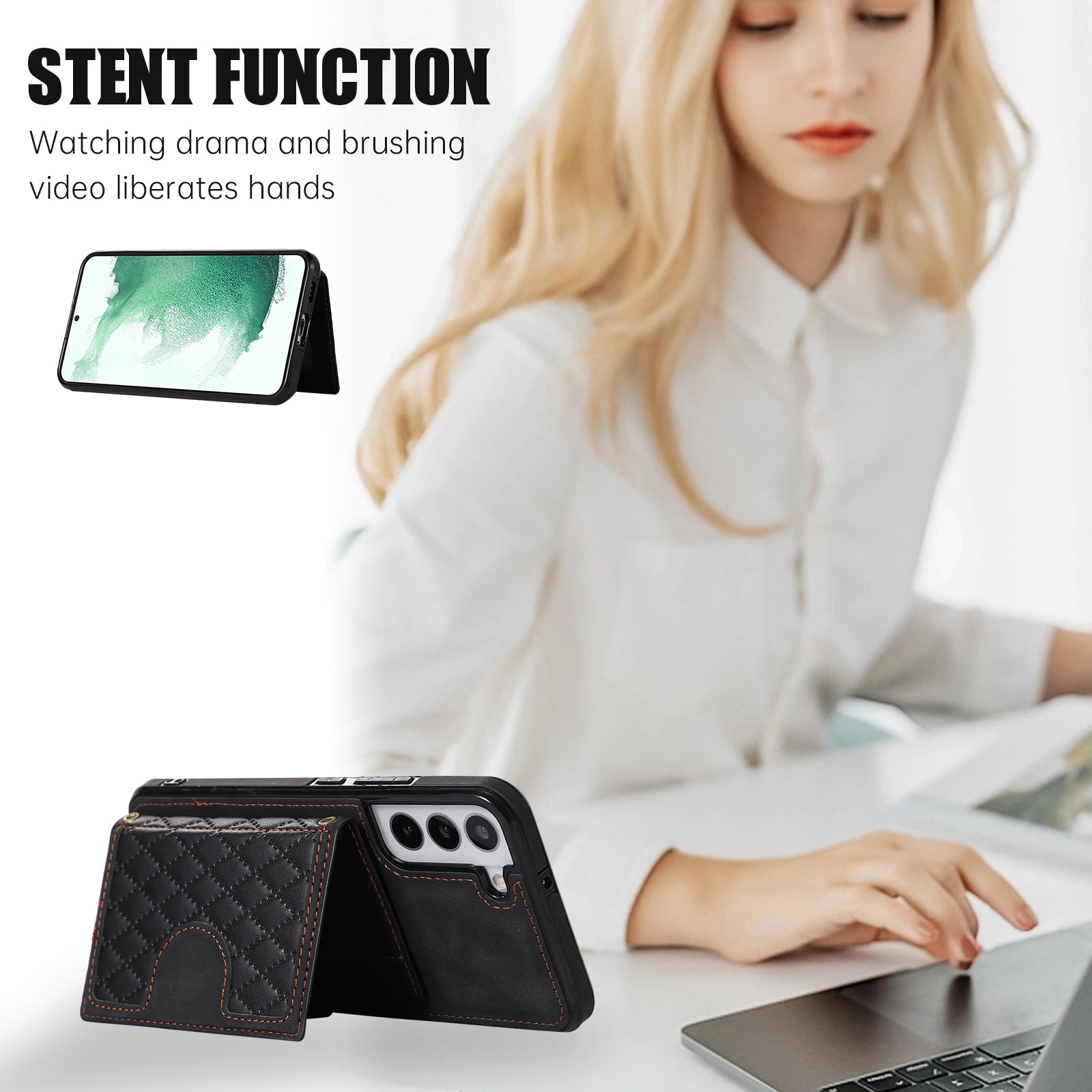 For Samsung Galaxy S21 FE 5G Kickstand Phone Case TPU+PU Leather Shoulder Phone Bag - Black