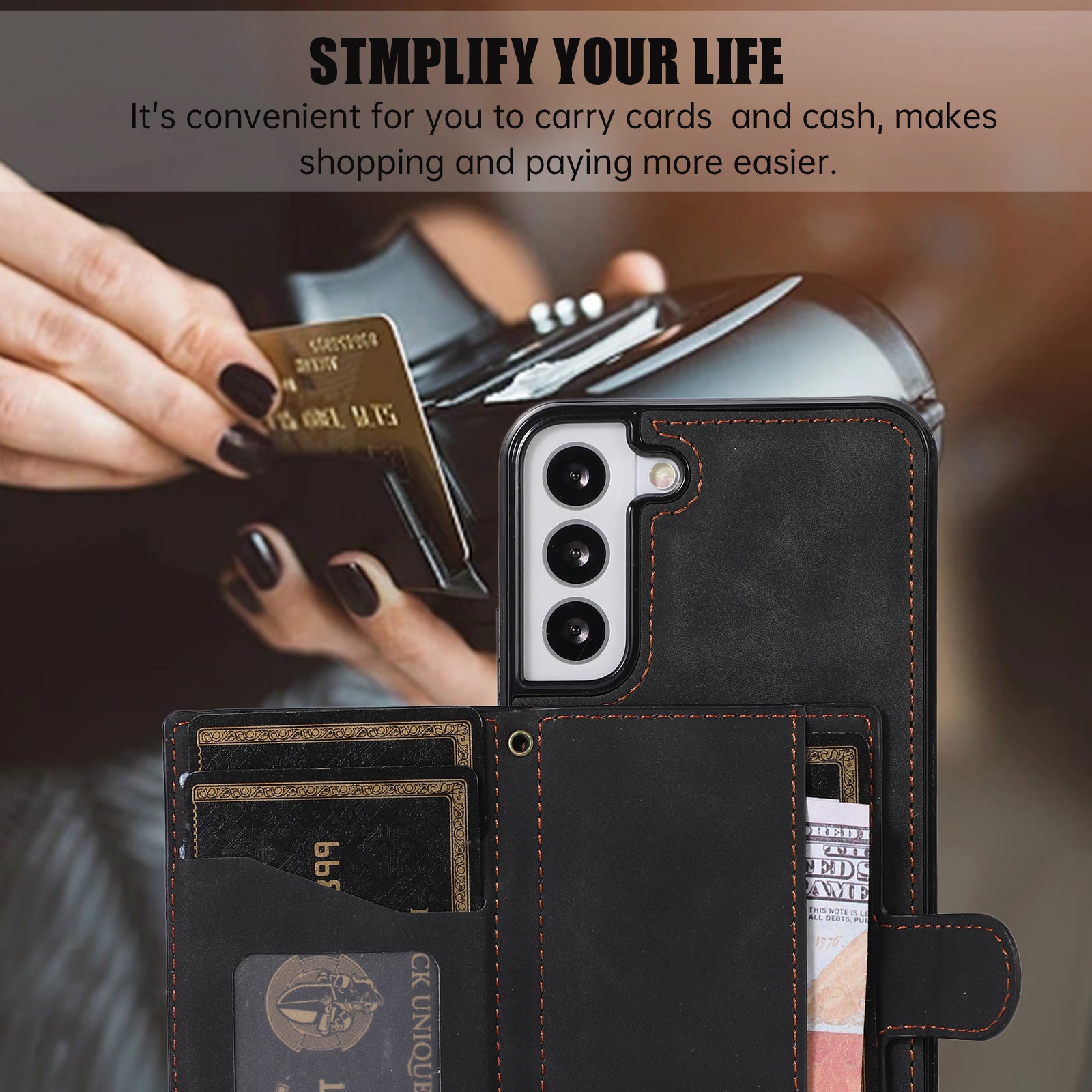 For Samsung Galaxy S21 FE 5G Kickstand Phone Case TPU+PU Leather Shoulder Phone Bag - Black