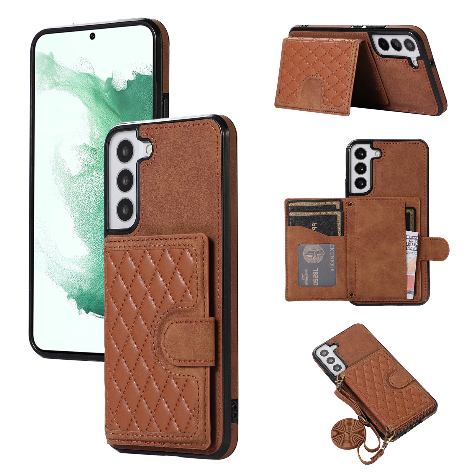 For Samsung Galaxy S21 FE 5G Kickstand Phone Case TPU+PU Leather Shoulder Phone Bag - Black
