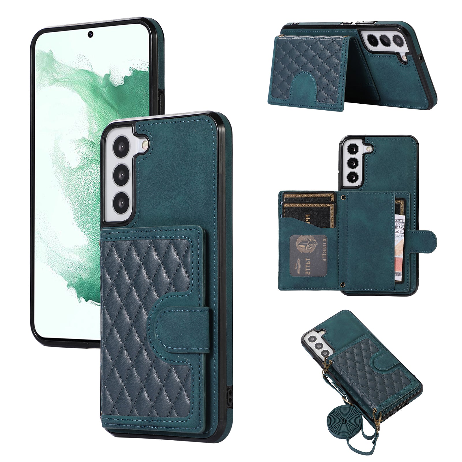For Samsung Galaxy S21 FE 5G Kickstand Phone Case TPU+PU Leather Shoulder Phone Bag - Black