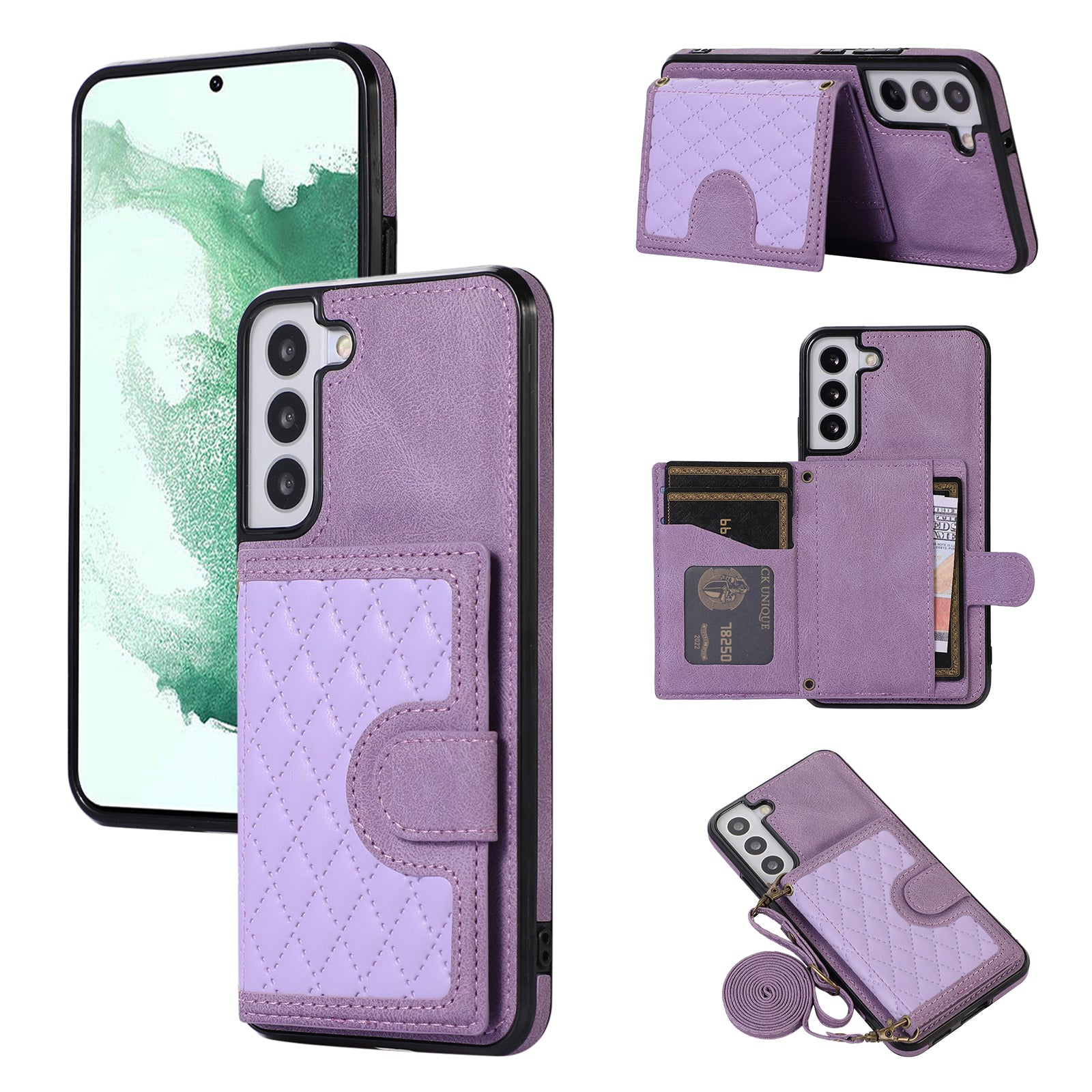 For Samsung Galaxy S21 FE 5G Kickstand Phone Case TPU+PU Leather Shoulder Phone Bag - Black