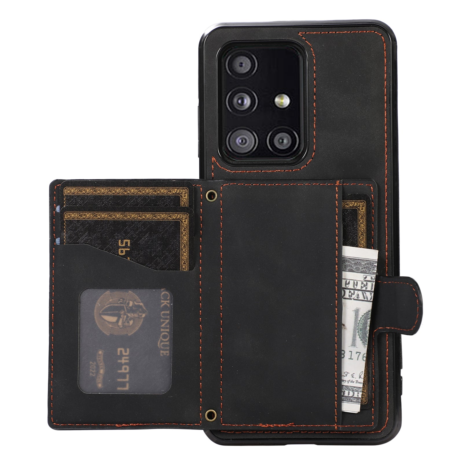 For Samsung Galaxy A51 5G Card Holder TPU+PU Leather Phone Case Kickstand Phone Cover - Black