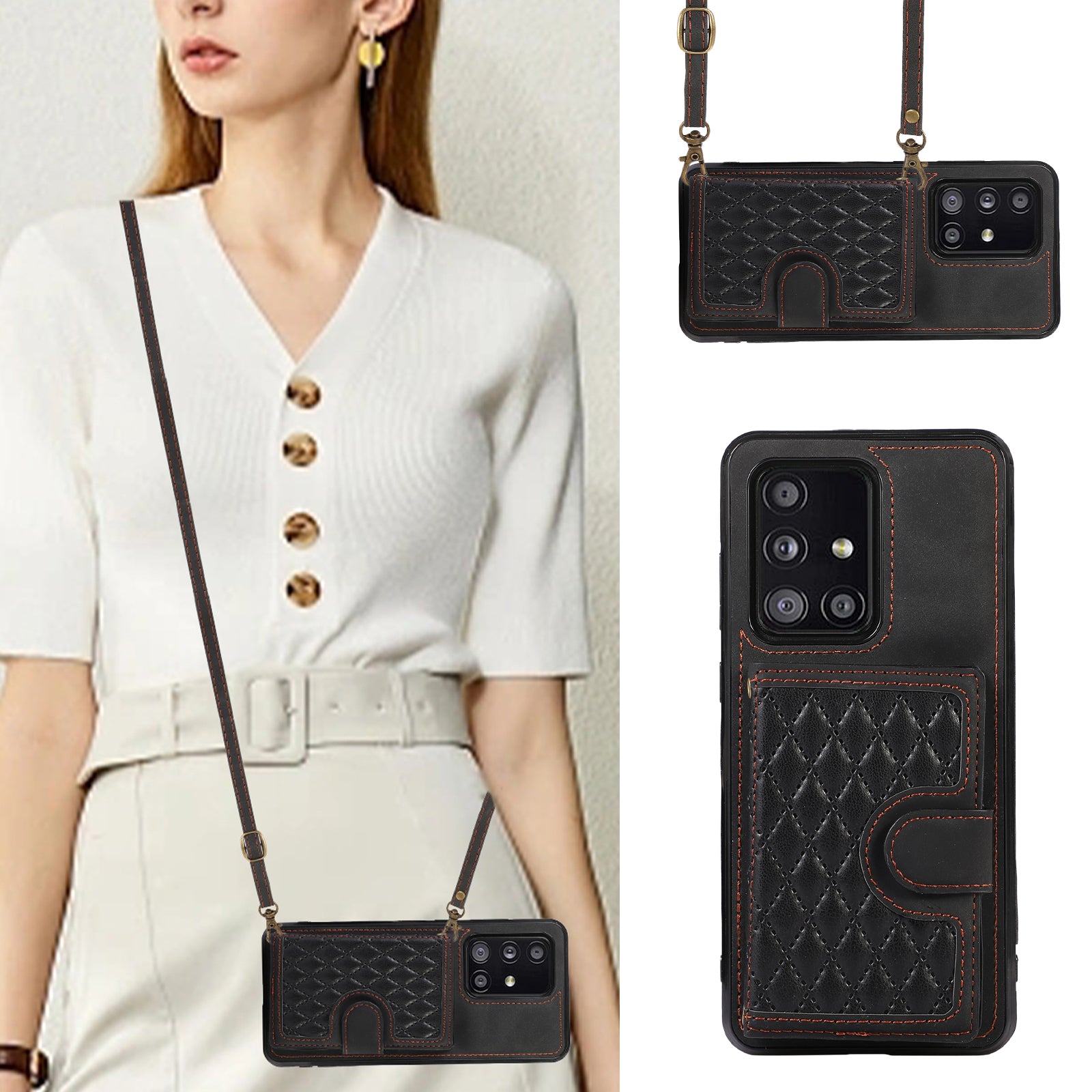 For Samsung Galaxy A51 5G Card Holder TPU+PU Leather Phone Case Kickstand Phone Cover - Black