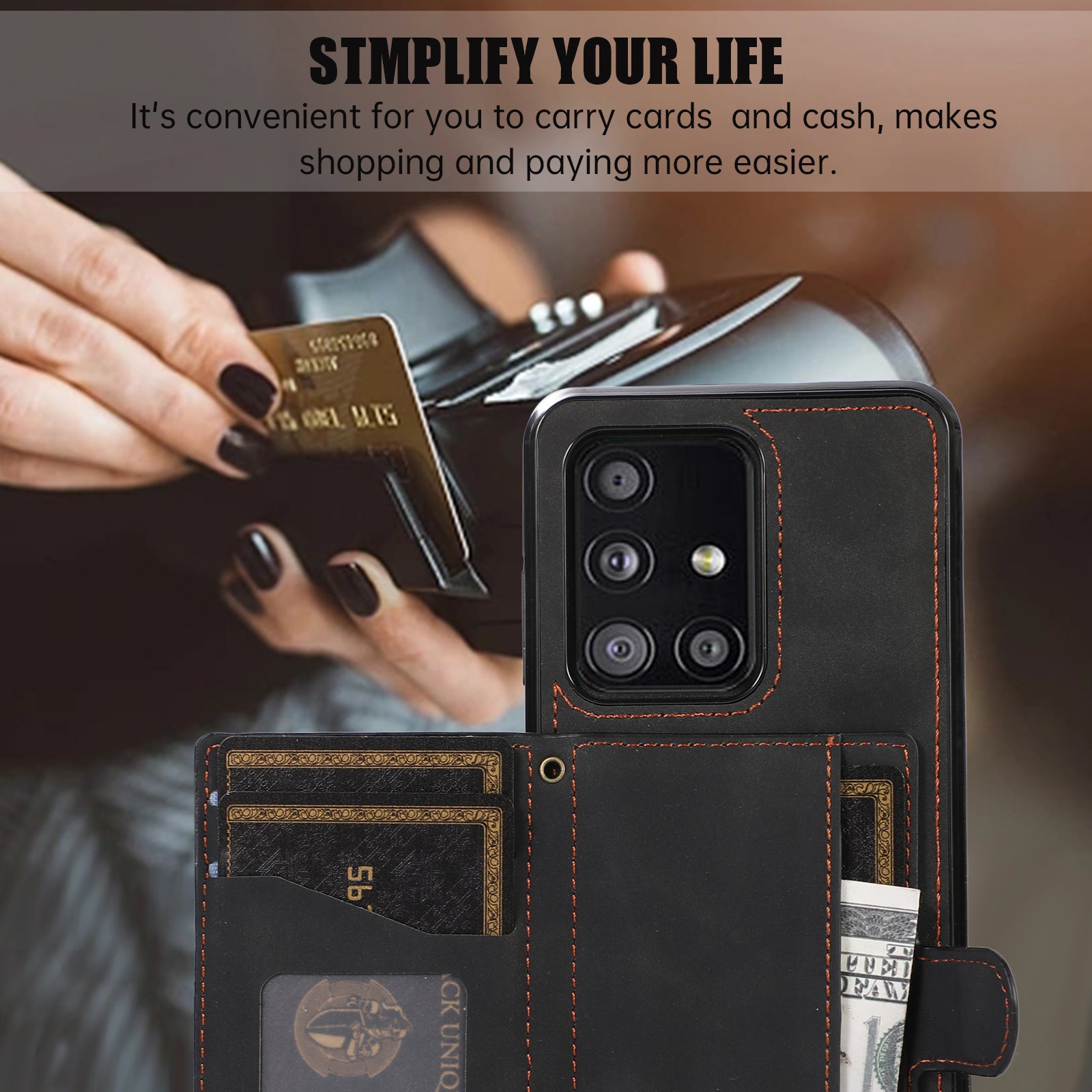 For Samsung Galaxy A51 5G Card Holder TPU+PU Leather Phone Case Kickstand Phone Cover - Black