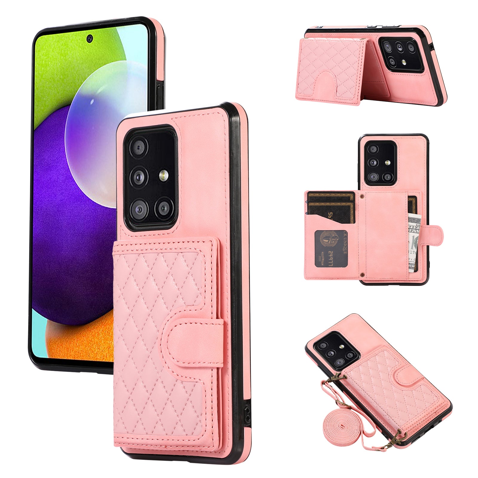 For Samsung Galaxy A51 5G Card Holder TPU+PU Leather Phone Case Kickstand Phone Cover - Black