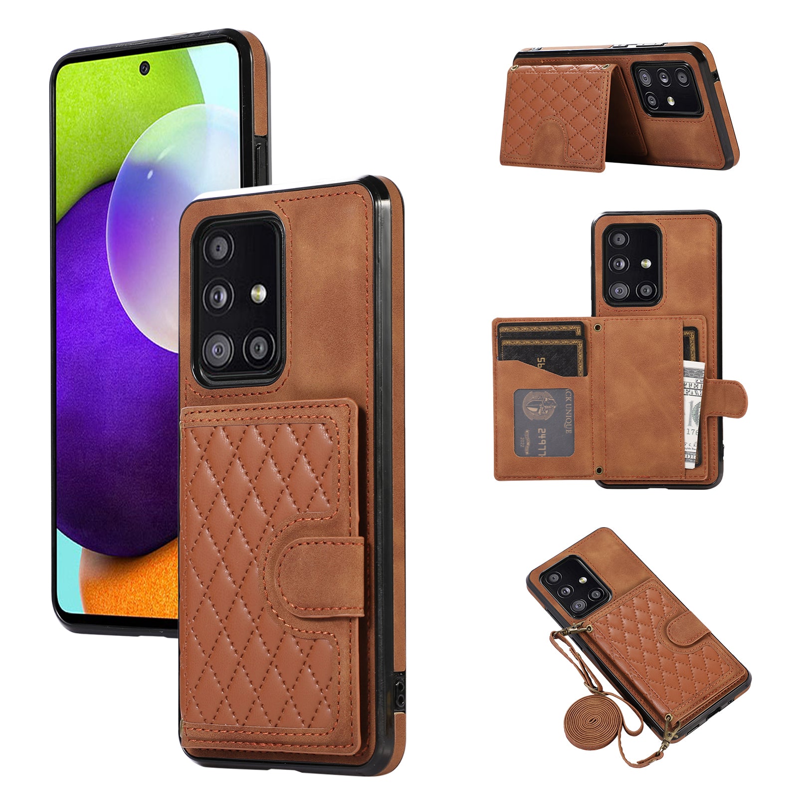 For Samsung Galaxy A51 5G Card Holder TPU+PU Leather Phone Case Kickstand Phone Cover - Black