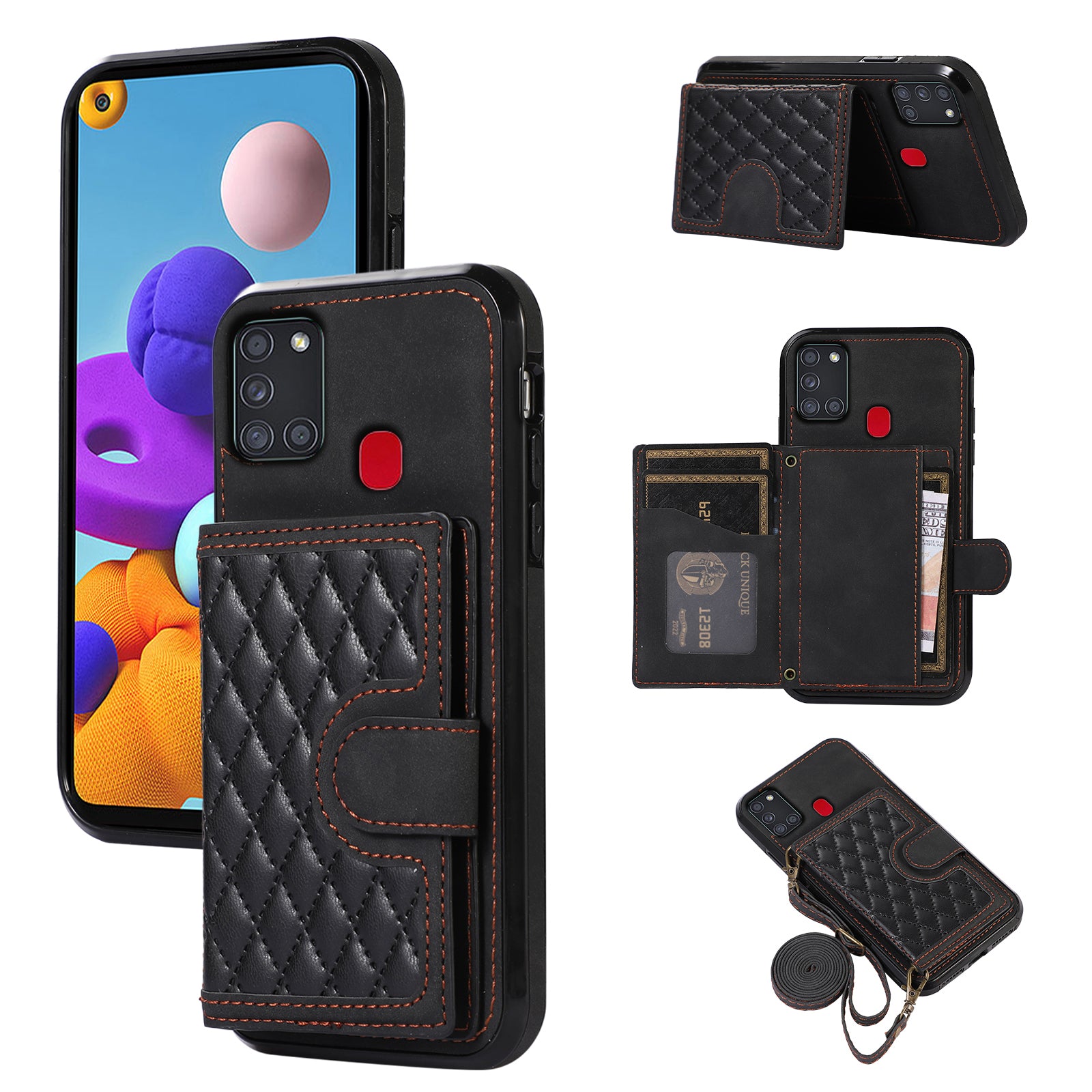 For Samsung Galaxy A21s Phone Case TPU+PU Leather Phone Cover with Card Holder - Black