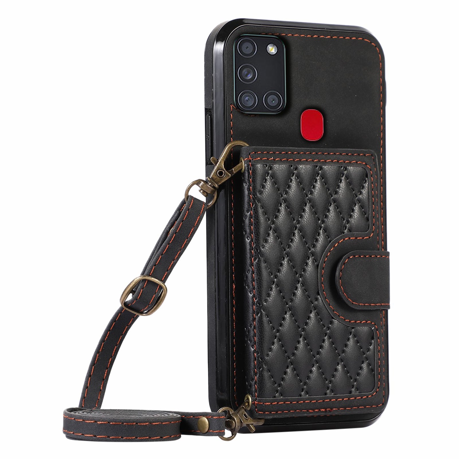 For Samsung Galaxy A21s Phone Case TPU+PU Leather Phone Cover with Card Holder - Black