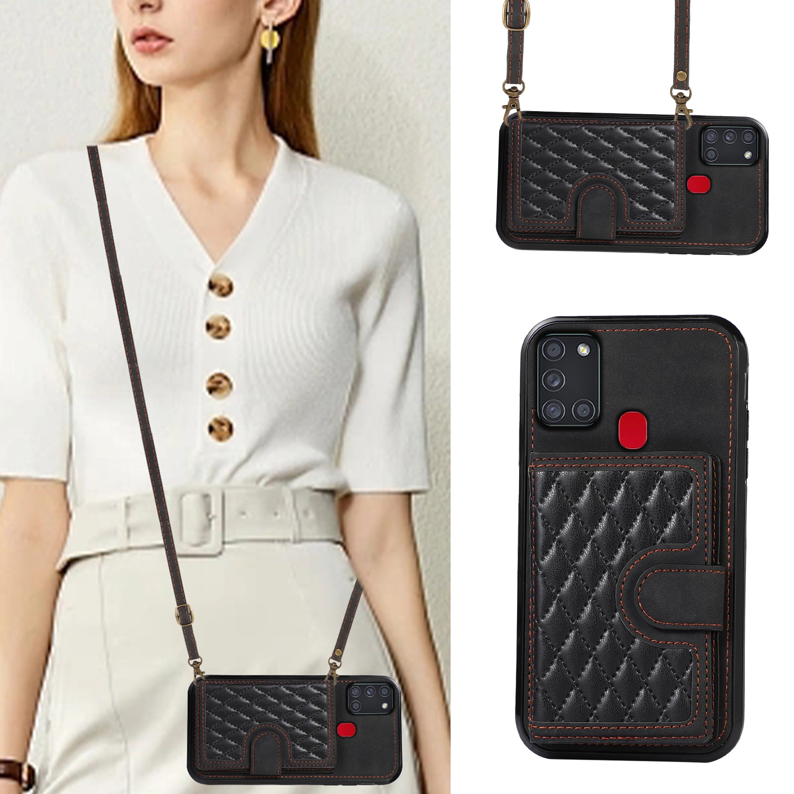 For Samsung Galaxy A21s Phone Case TPU+PU Leather Phone Cover with Card Holder - Black