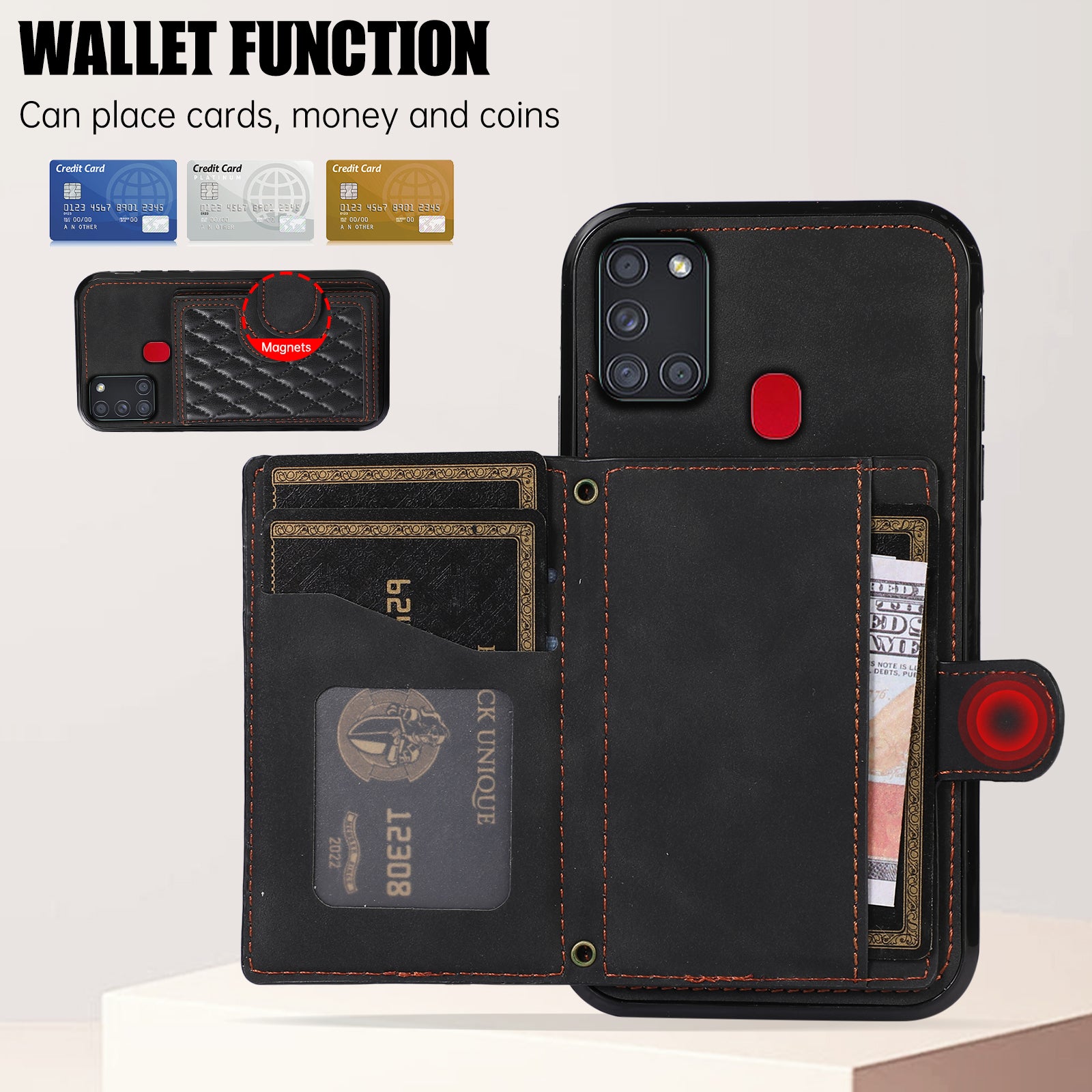 For Samsung Galaxy A21s Phone Case TPU+PU Leather Phone Cover with Card Holder - Black