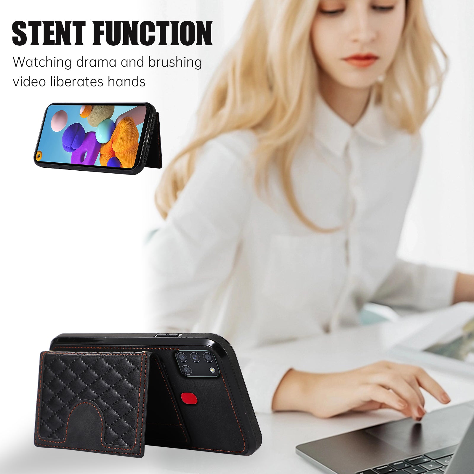 For Samsung Galaxy A21s Phone Case TPU+PU Leather Phone Cover with Card Holder - Black