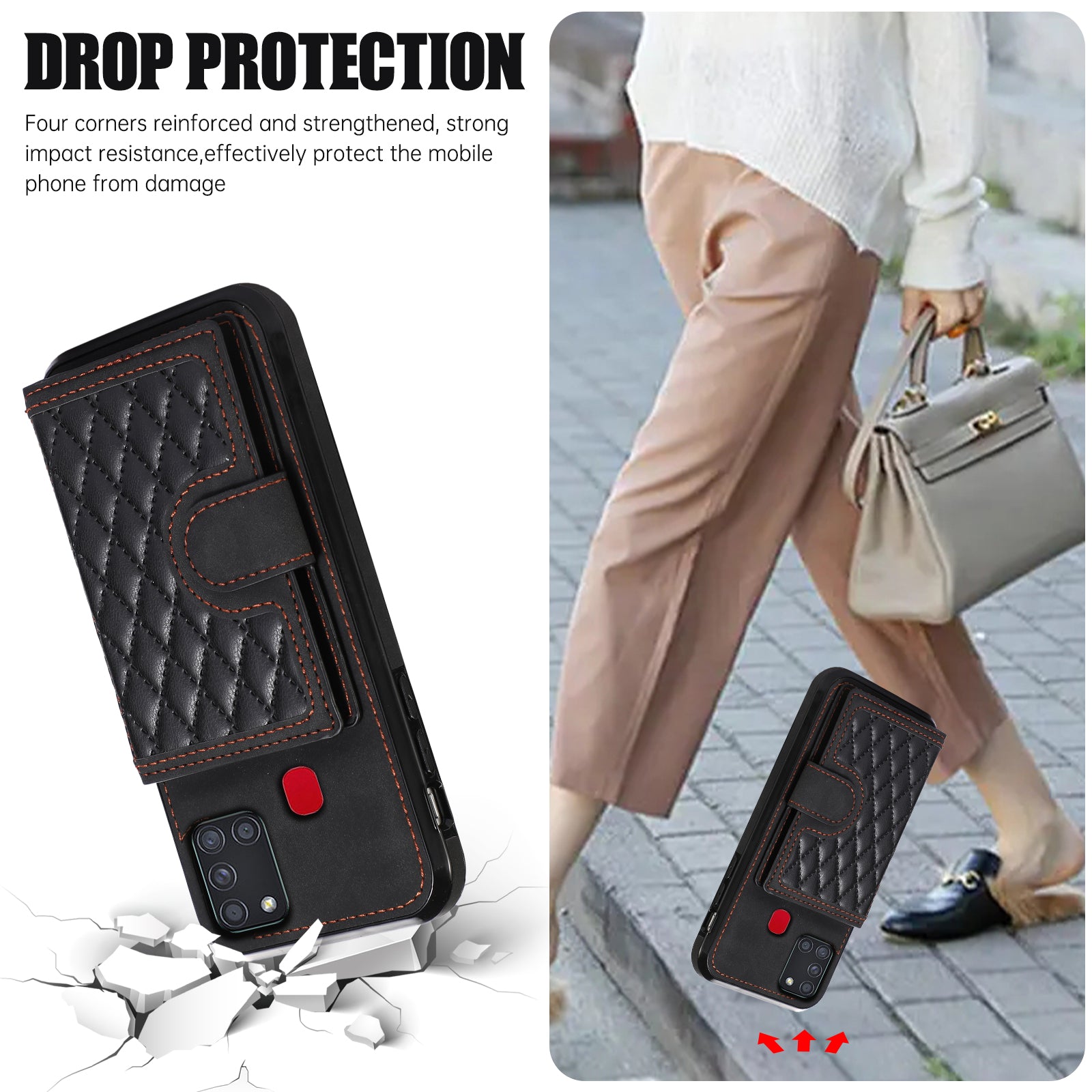 For Samsung Galaxy A21s Phone Case TPU+PU Leather Phone Cover with Card Holder - Black