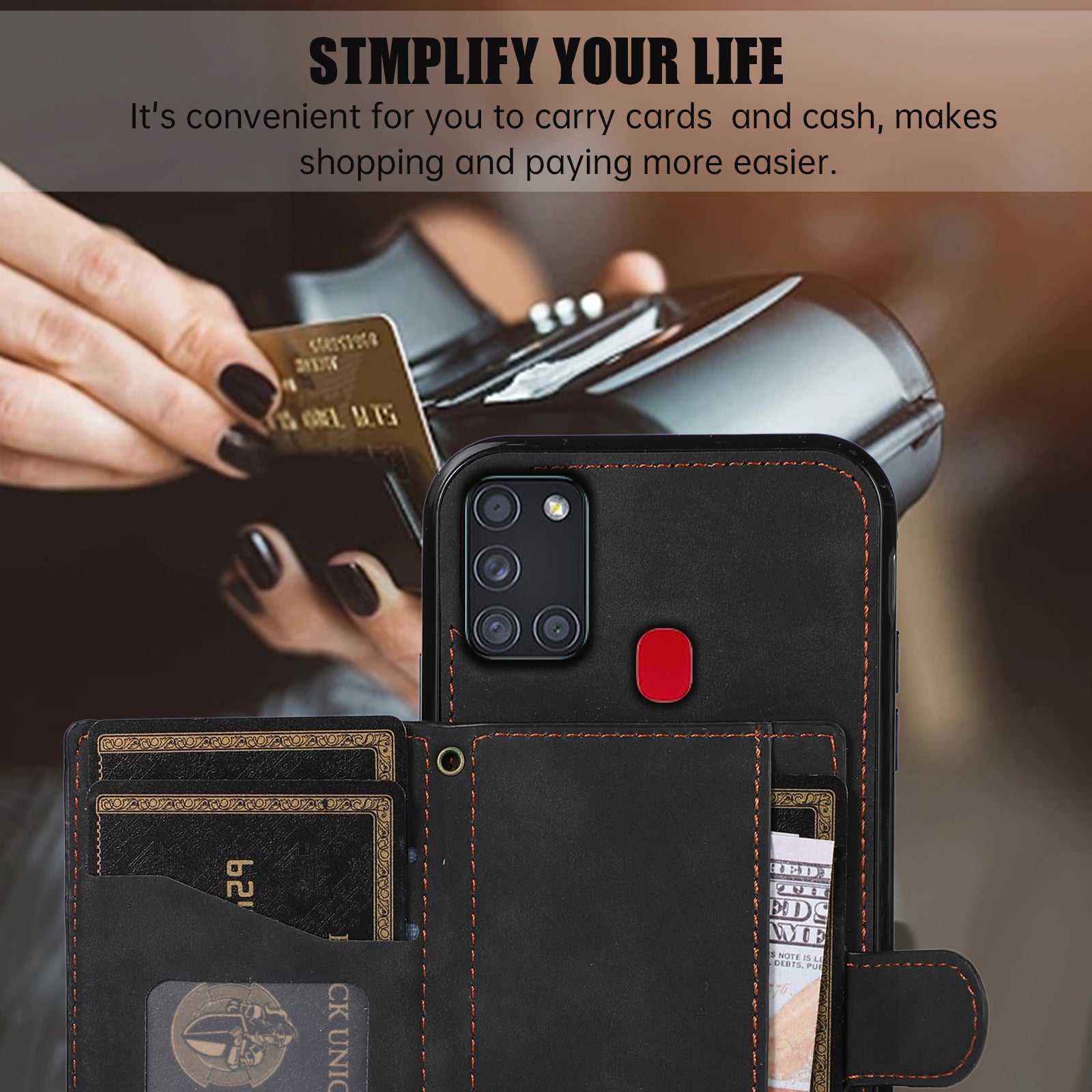 For Samsung Galaxy A21s Phone Case TPU+PU Leather Phone Cover with Card Holder - Black