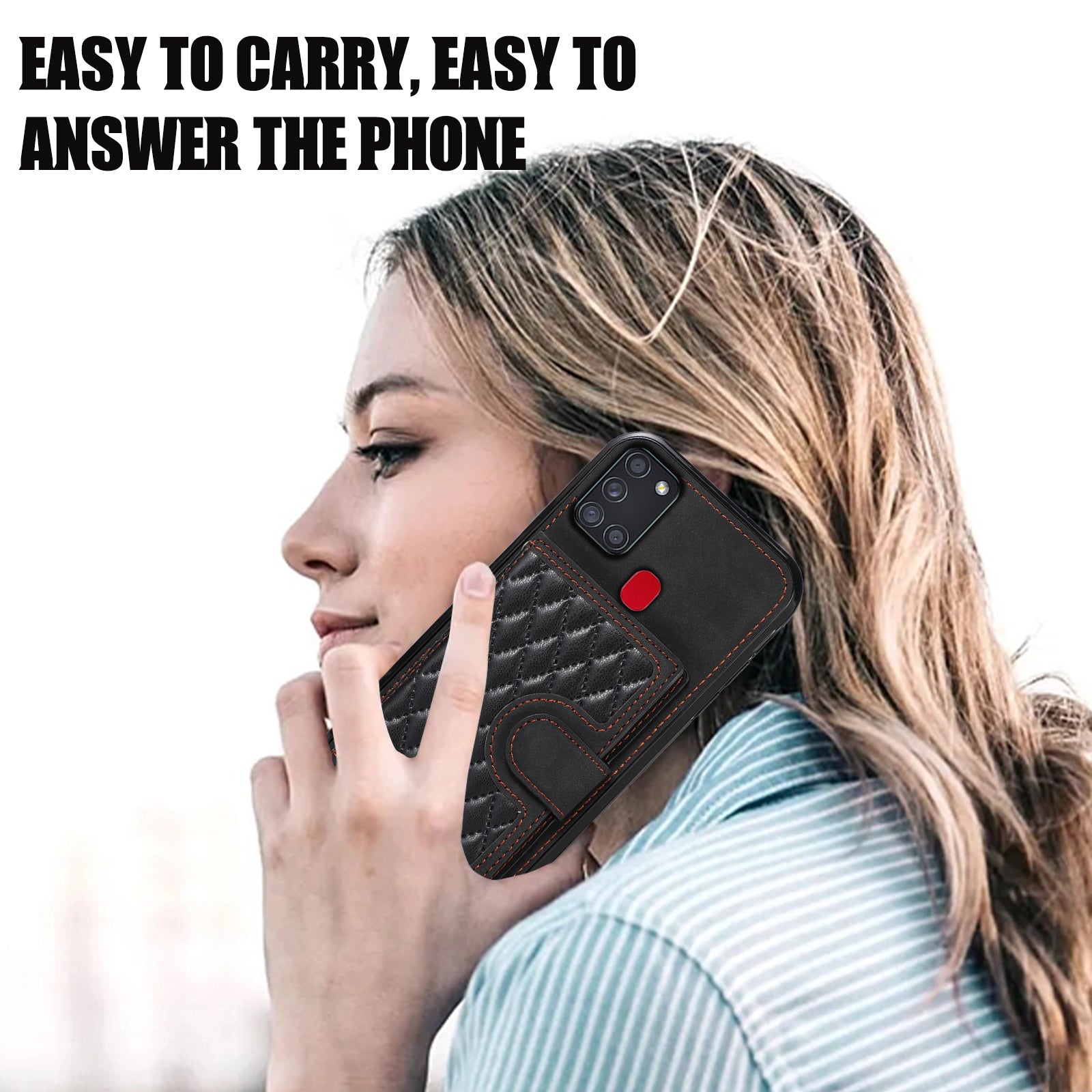 For Samsung Galaxy A21s Phone Case TPU+PU Leather Phone Cover with Card Holder - Black