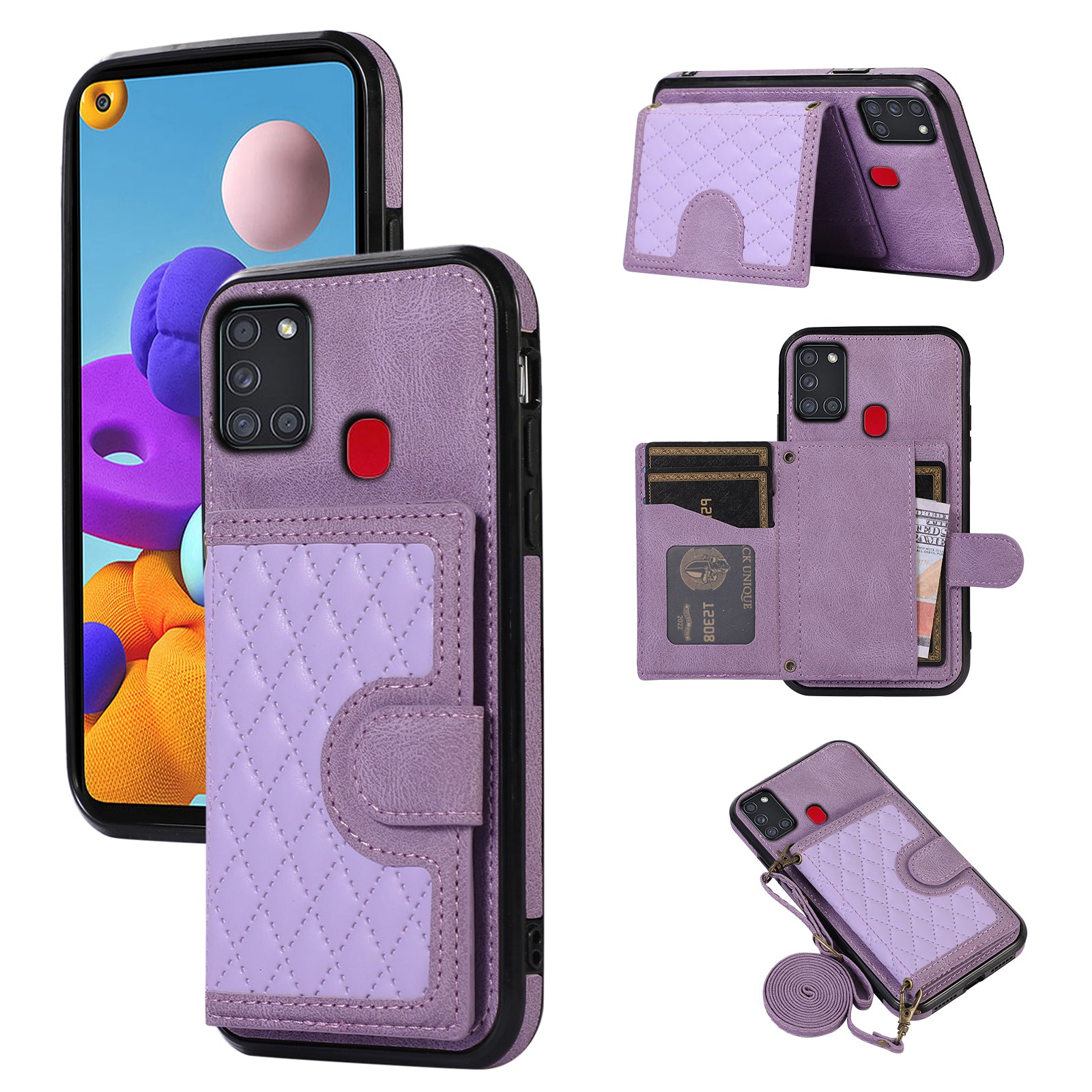 For Samsung Galaxy A21s Phone Case TPU+PU Leather Phone Cover with Card Holder - Black