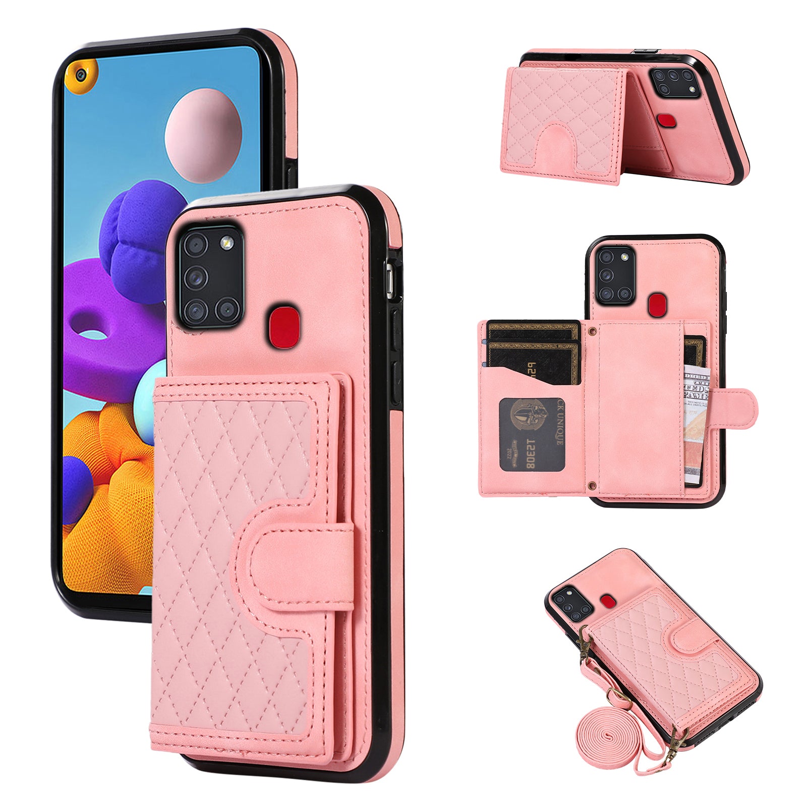 For Samsung Galaxy A21s Phone Case TPU+PU Leather Phone Cover with Card Holder - Black