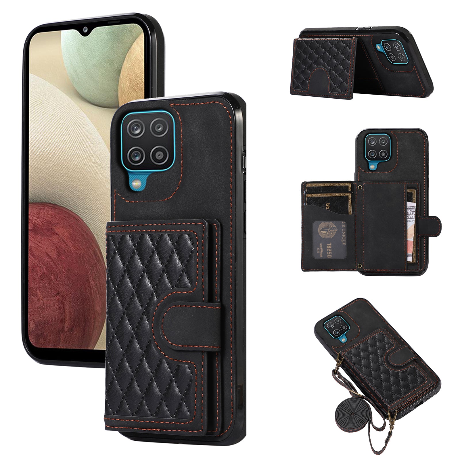 For Samsung Galaxy A12 Case Imprinted Phone Cover Card Holder TPU+PU Leather Shell - Black