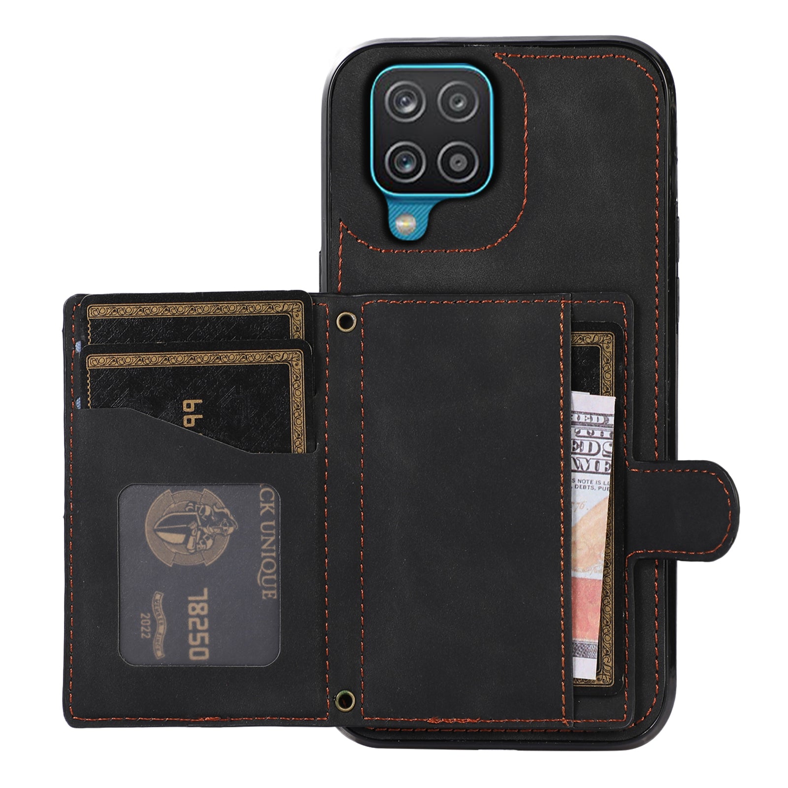 For Samsung Galaxy A12 Case Imprinted Phone Cover Card Holder TPU+PU Leather Shell - Black